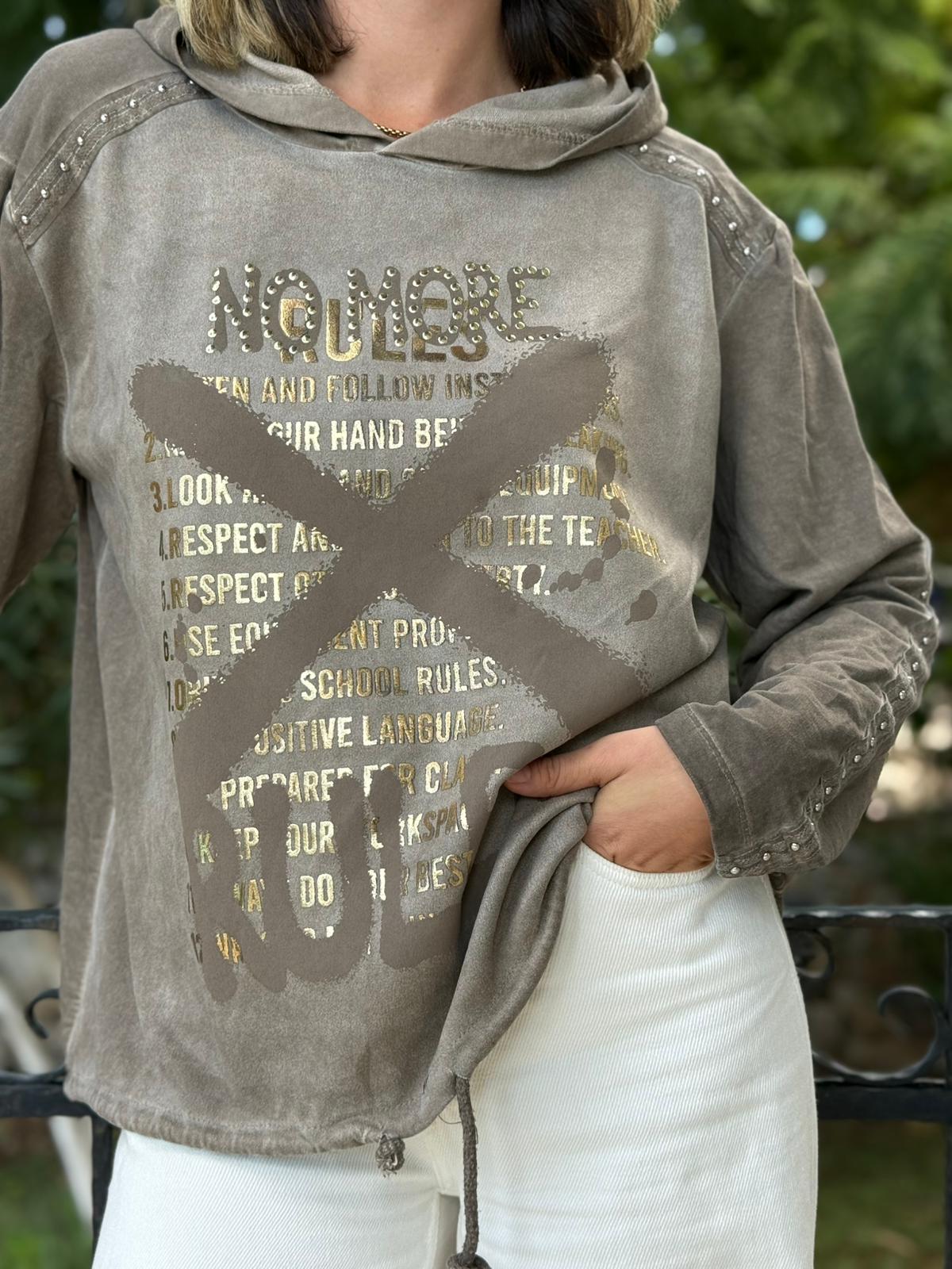 NC59085 İtalyan Yazı Baskılı Kol Zımbalı Kapişonlu Sweatshirt Vizon