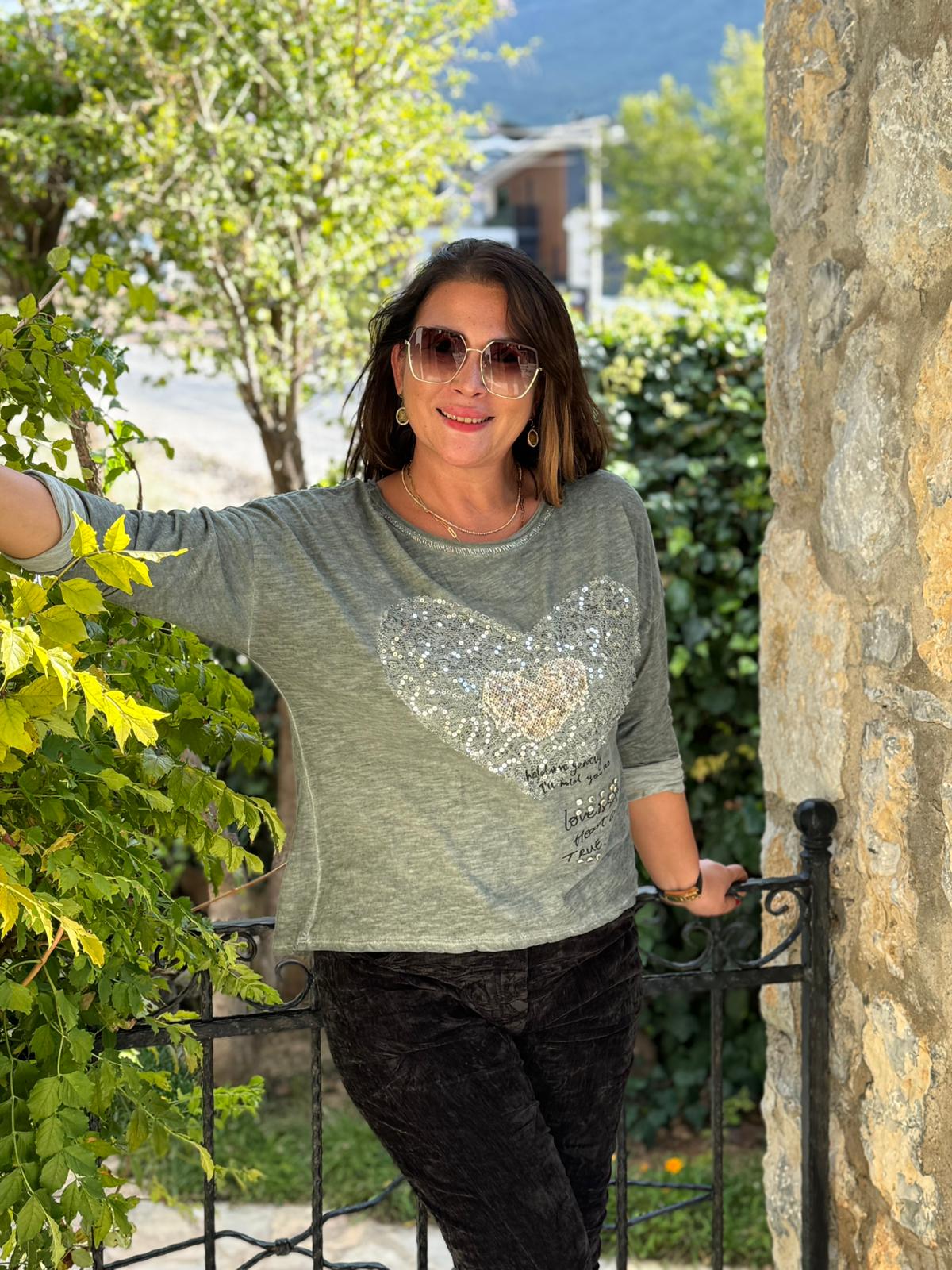 YG42030 Kalp Desenli Pullu İtalyan Triko Bluz Haki