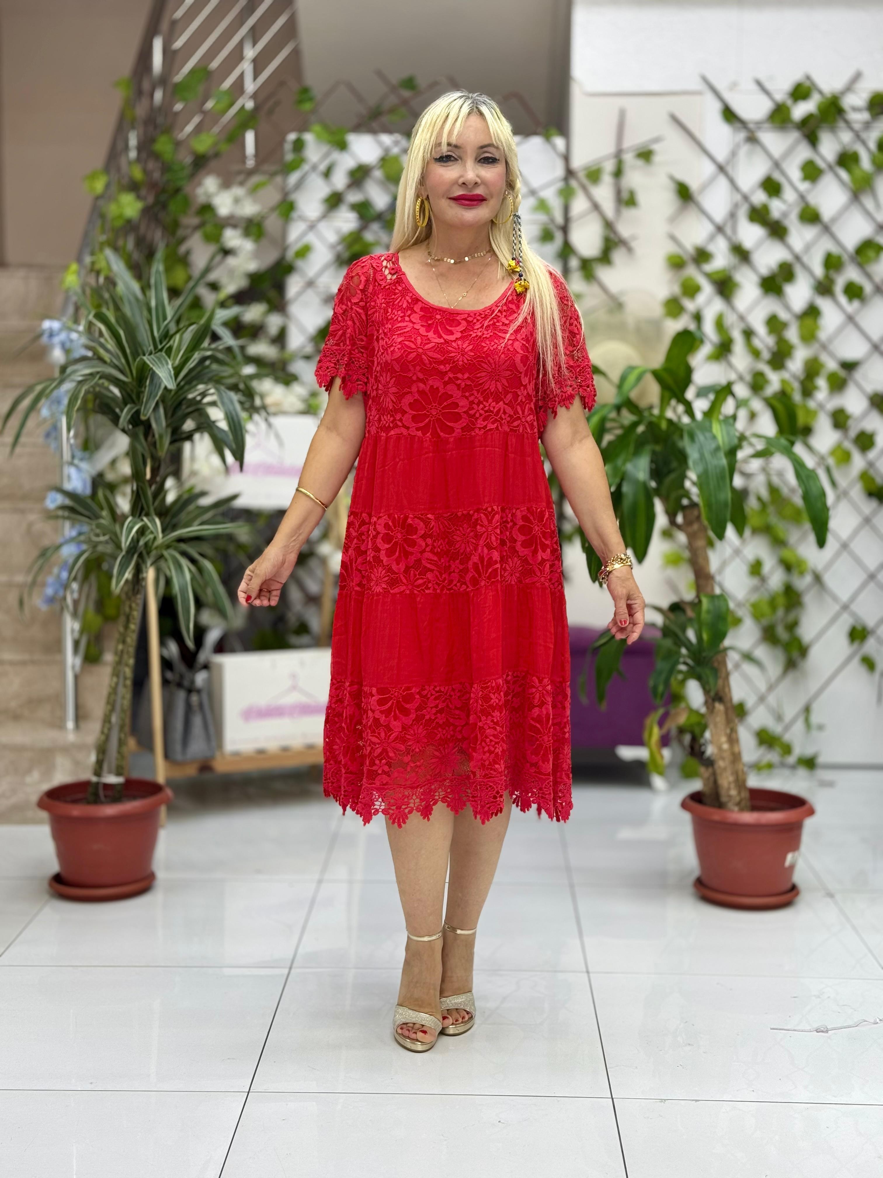 N10337 İtalyan İpek Elbise kırmızı