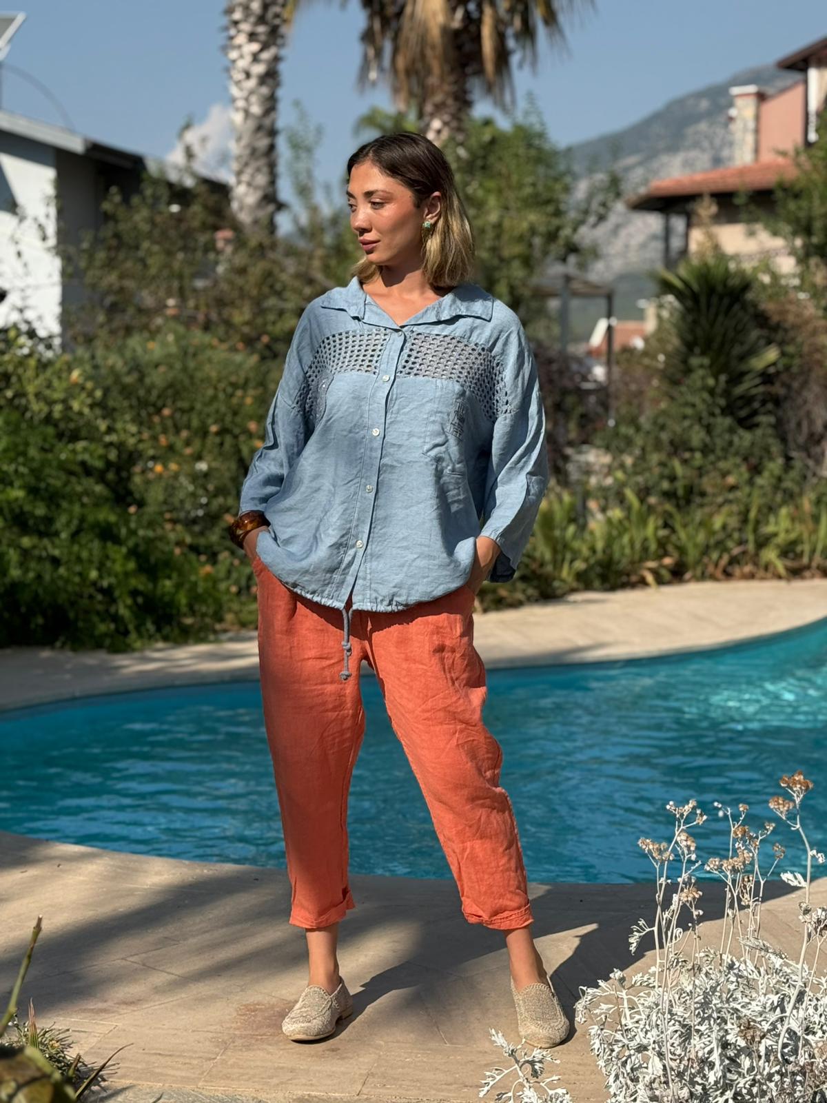 N23003 Blusa Lino Algodón Italiano Visón