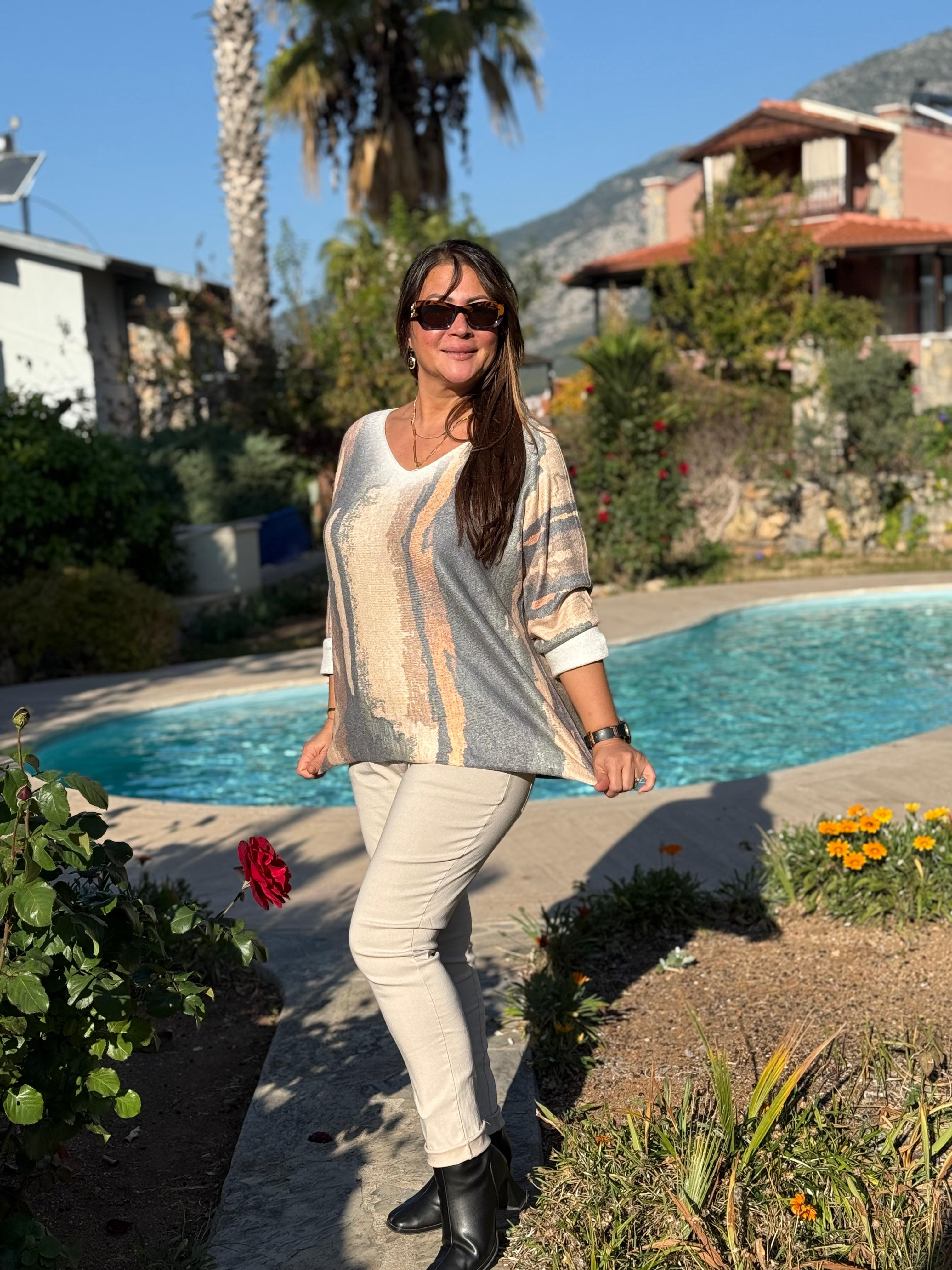 YG90661 Merserize V Yaka Baskılı İtalyan Bluz