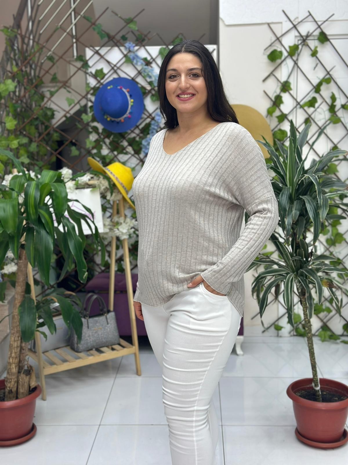 NC213362 İtalyan Vyaka Çizgili Triko Bluz Vizon