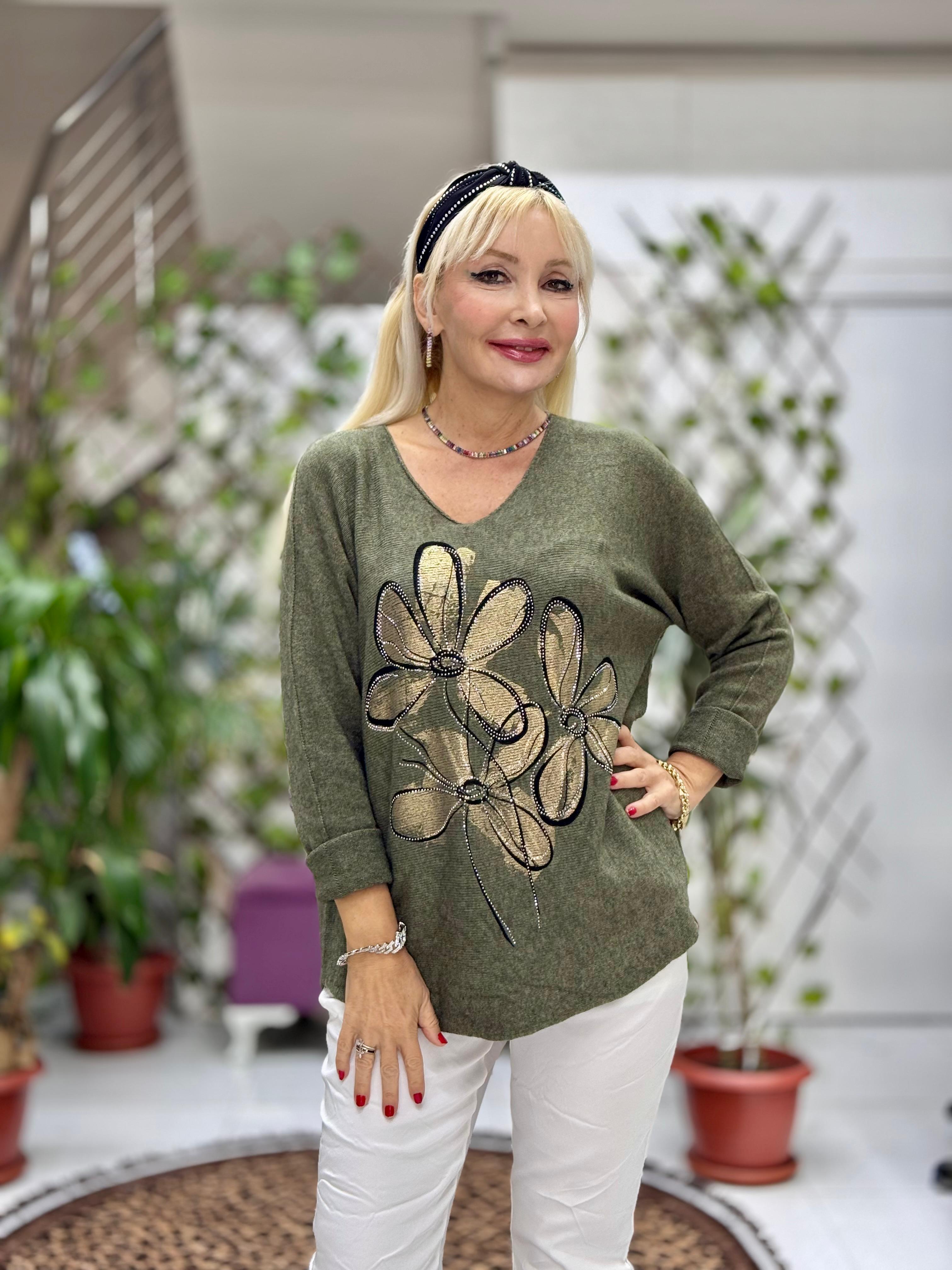 YG8022 Çiçek Desenli Taşlı İtalyan Triko Bluz Yeşil