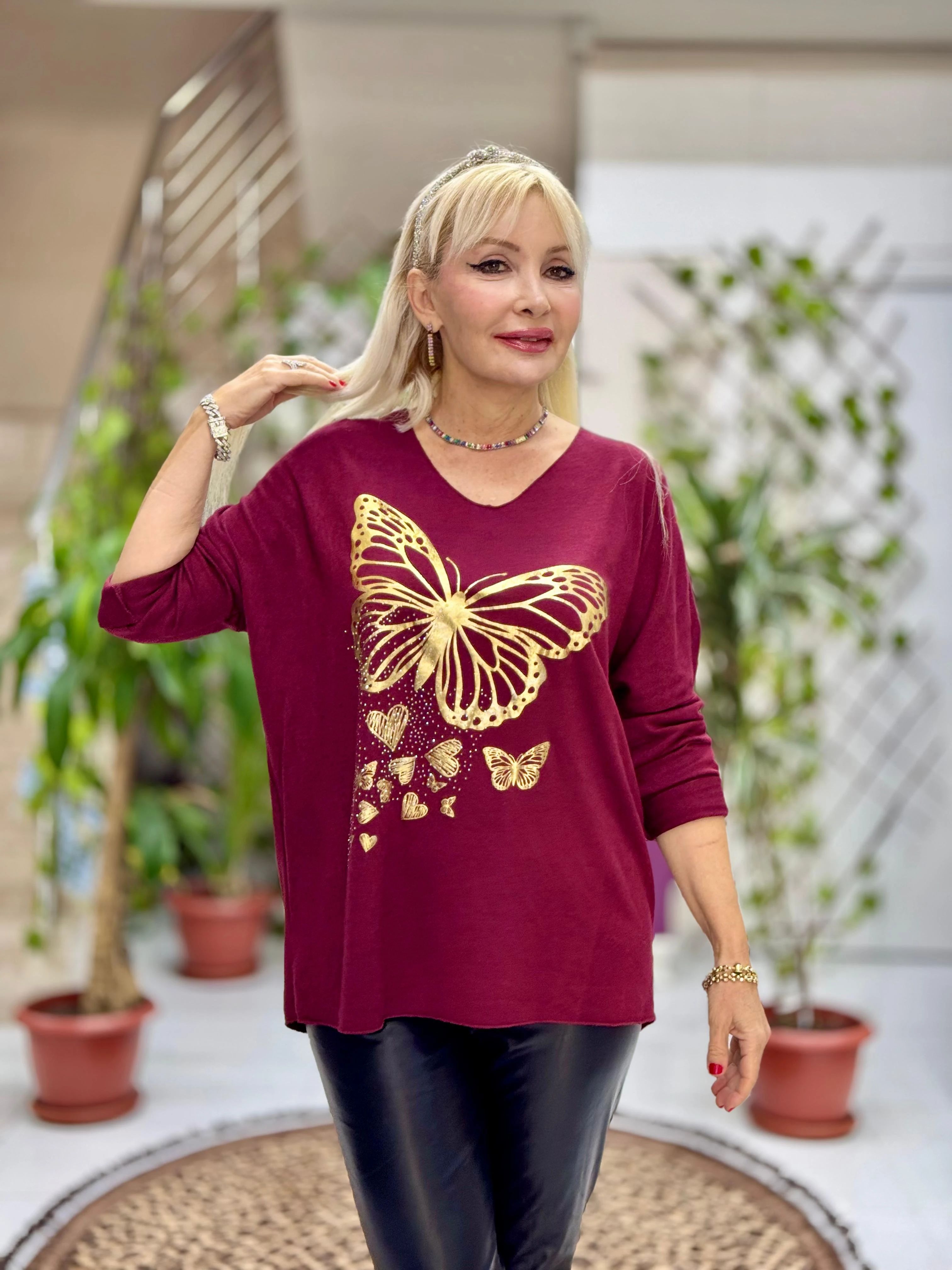 YG59100 İtalyan Taşlı ve Kelebek Baskılı Triko Bluz Bordo