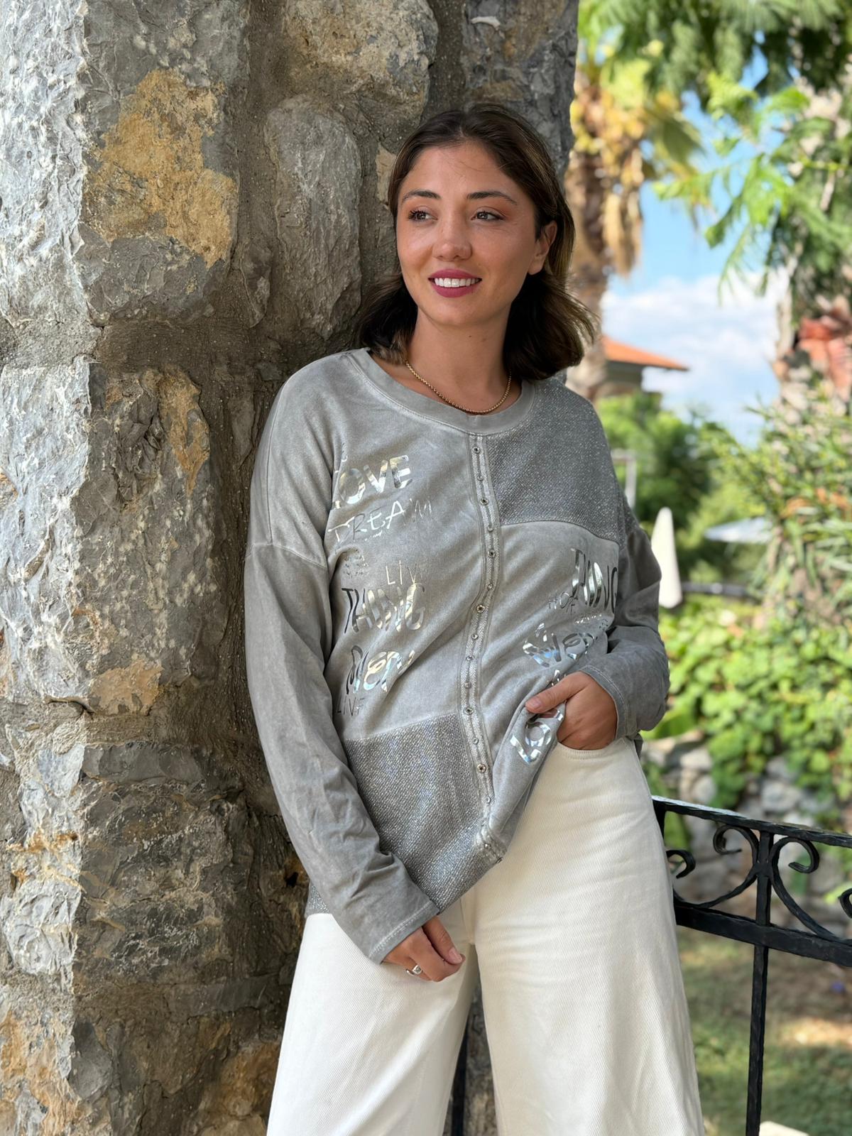NC53761 İtalyan Yazılı Ve Taşlı Coton Sweatshirt Gri