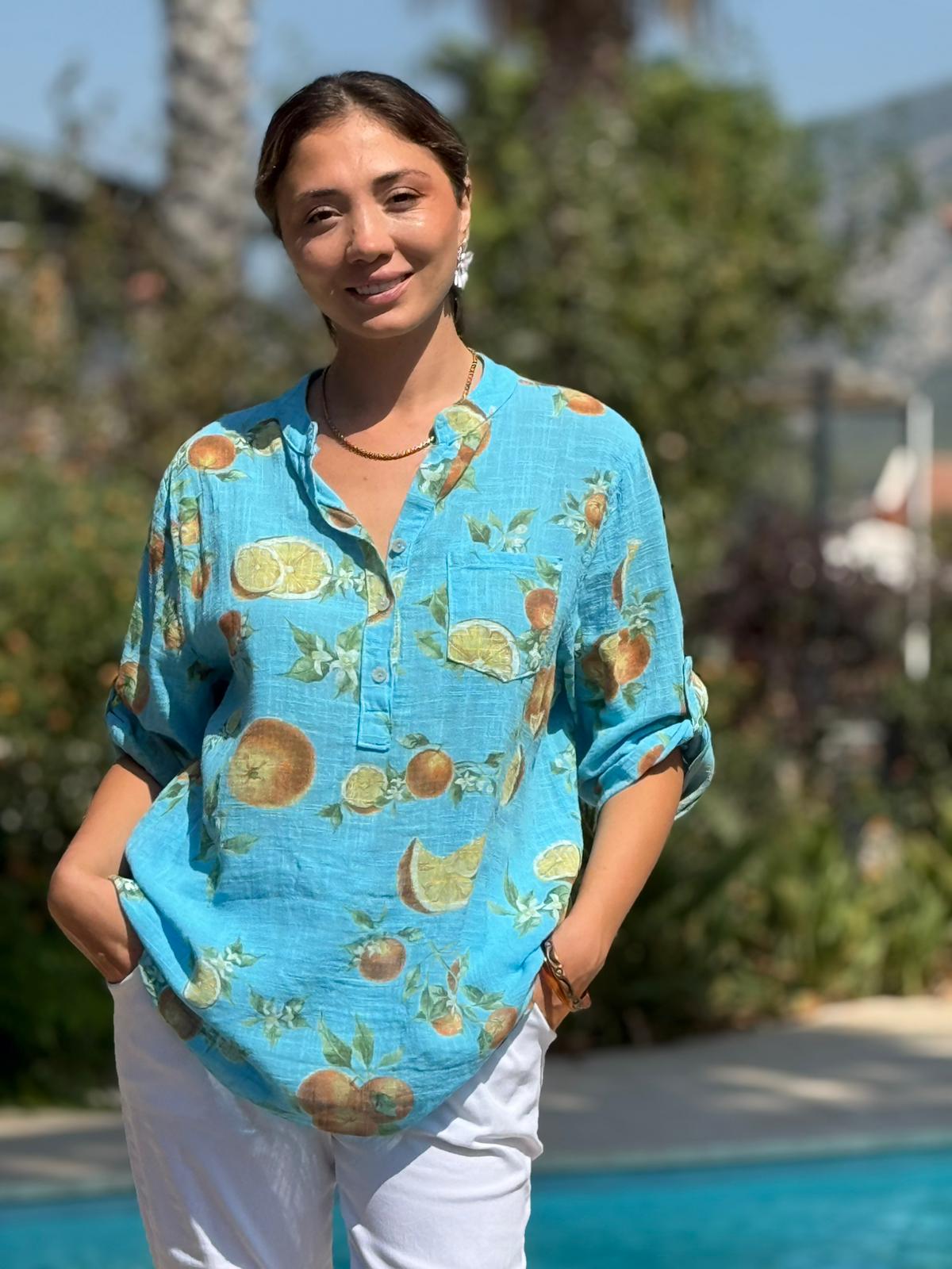 NC154553 İtalyan Pamuk Keten Bluz Turkuaz