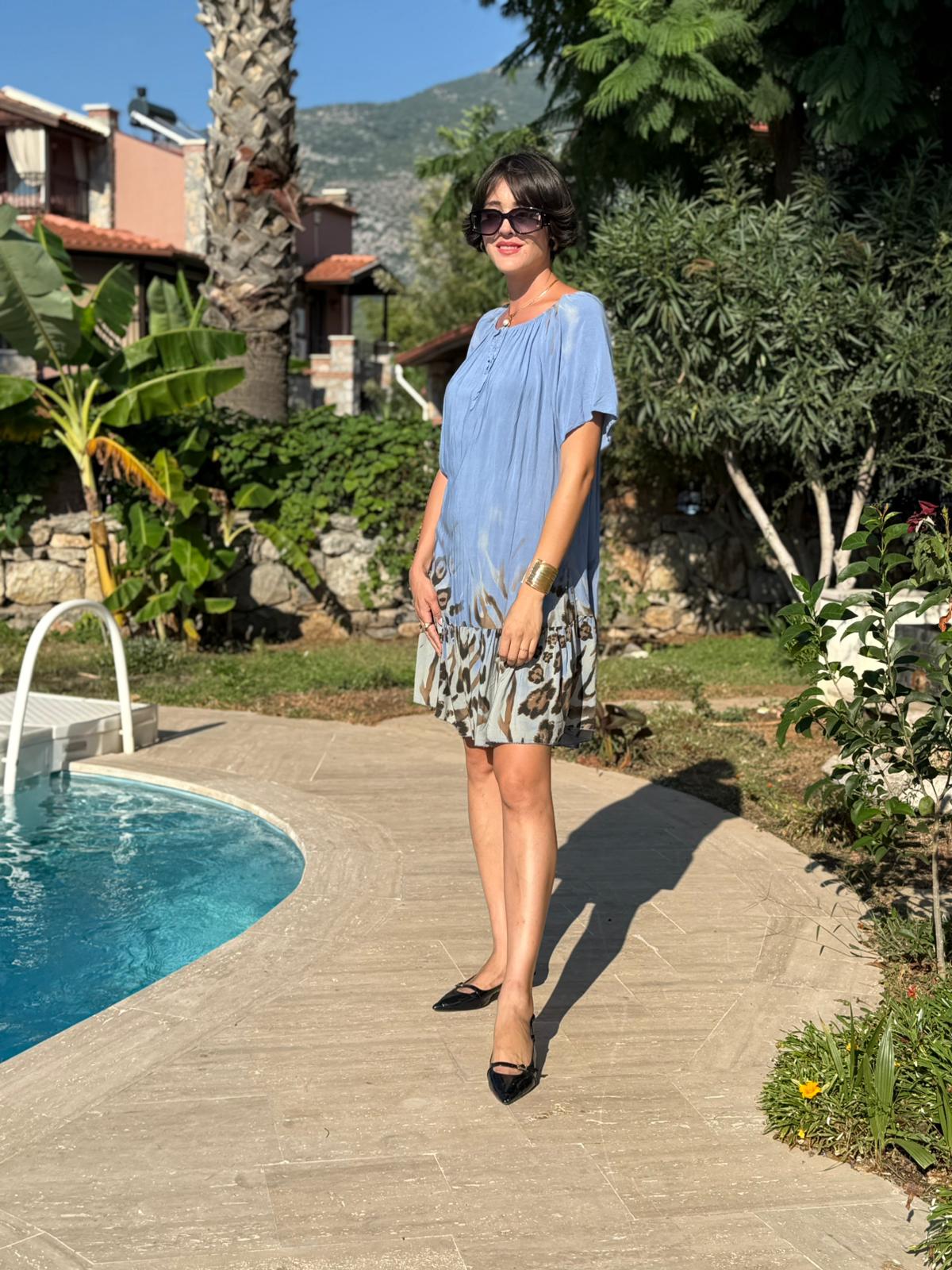 NC10526 İtalyan Yaka Lastikli Leoparlı Coton Elbise Mavi