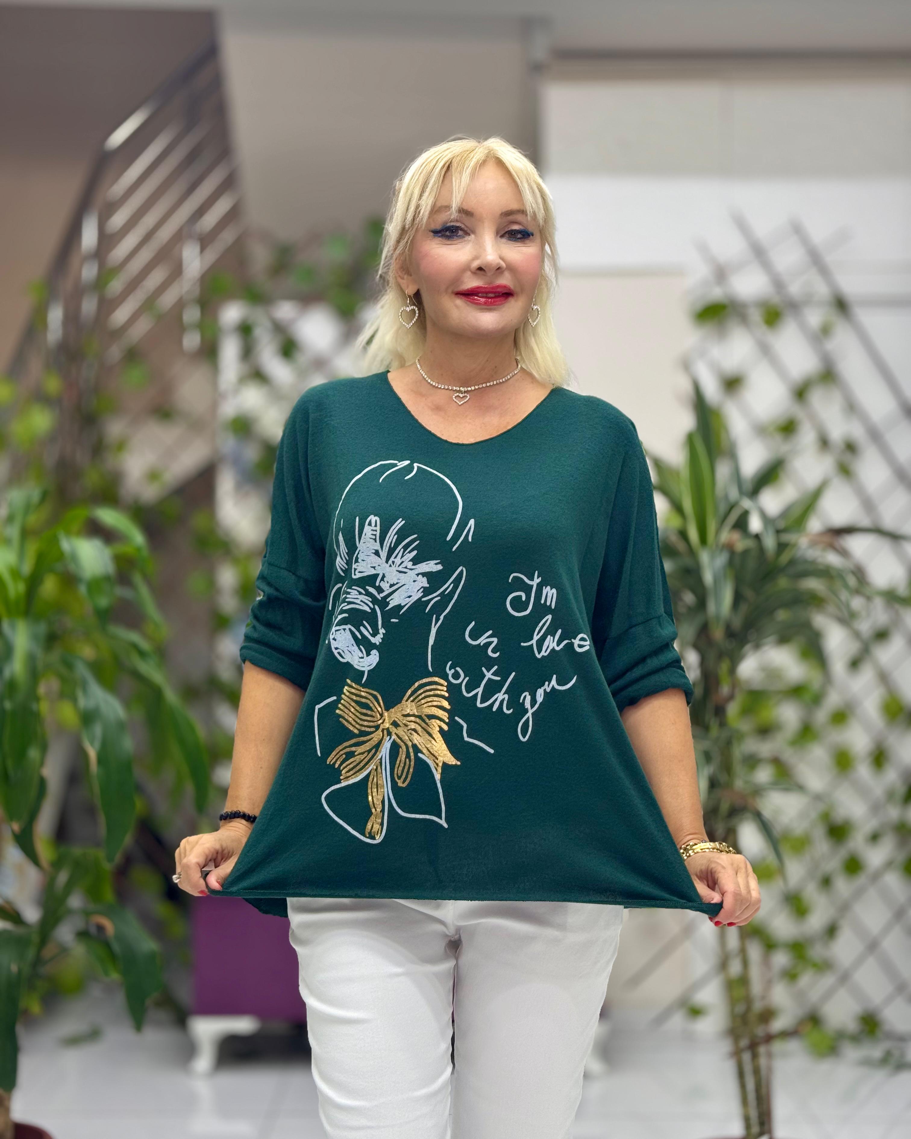 YG5810 Baskılı İtalyan Triko Bluz Acı Yeşil