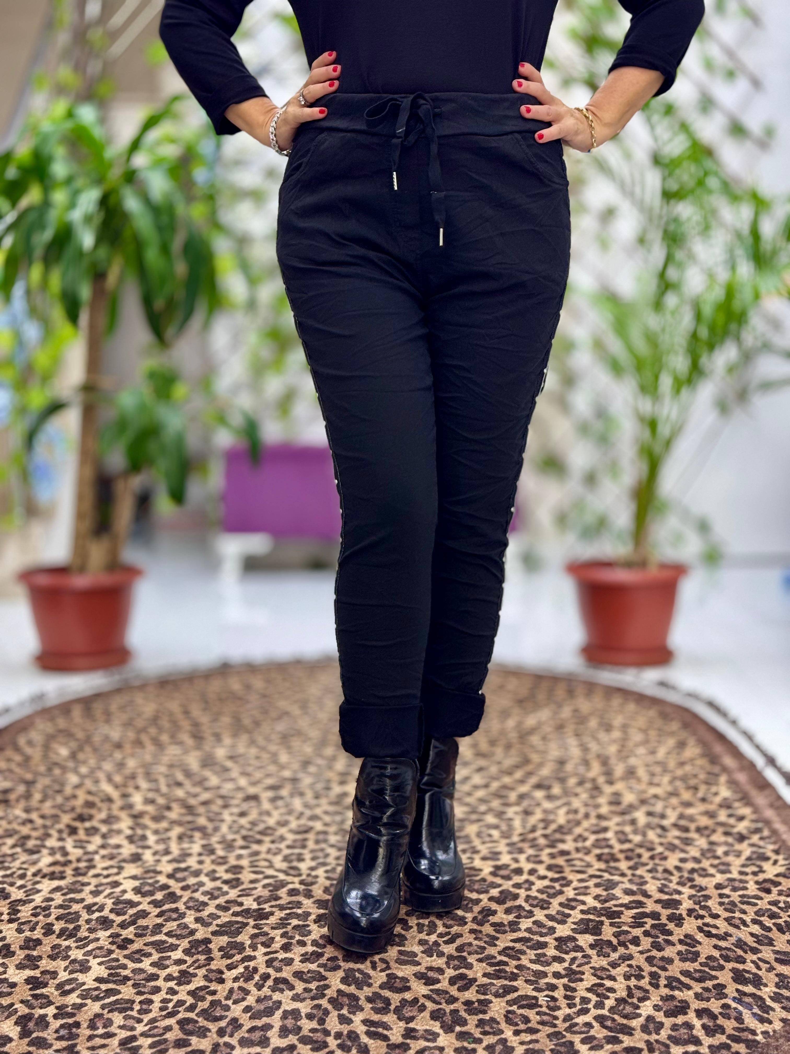 NC50208B İtalyan Yanlar Taşlı Coton Pantolon Siyah