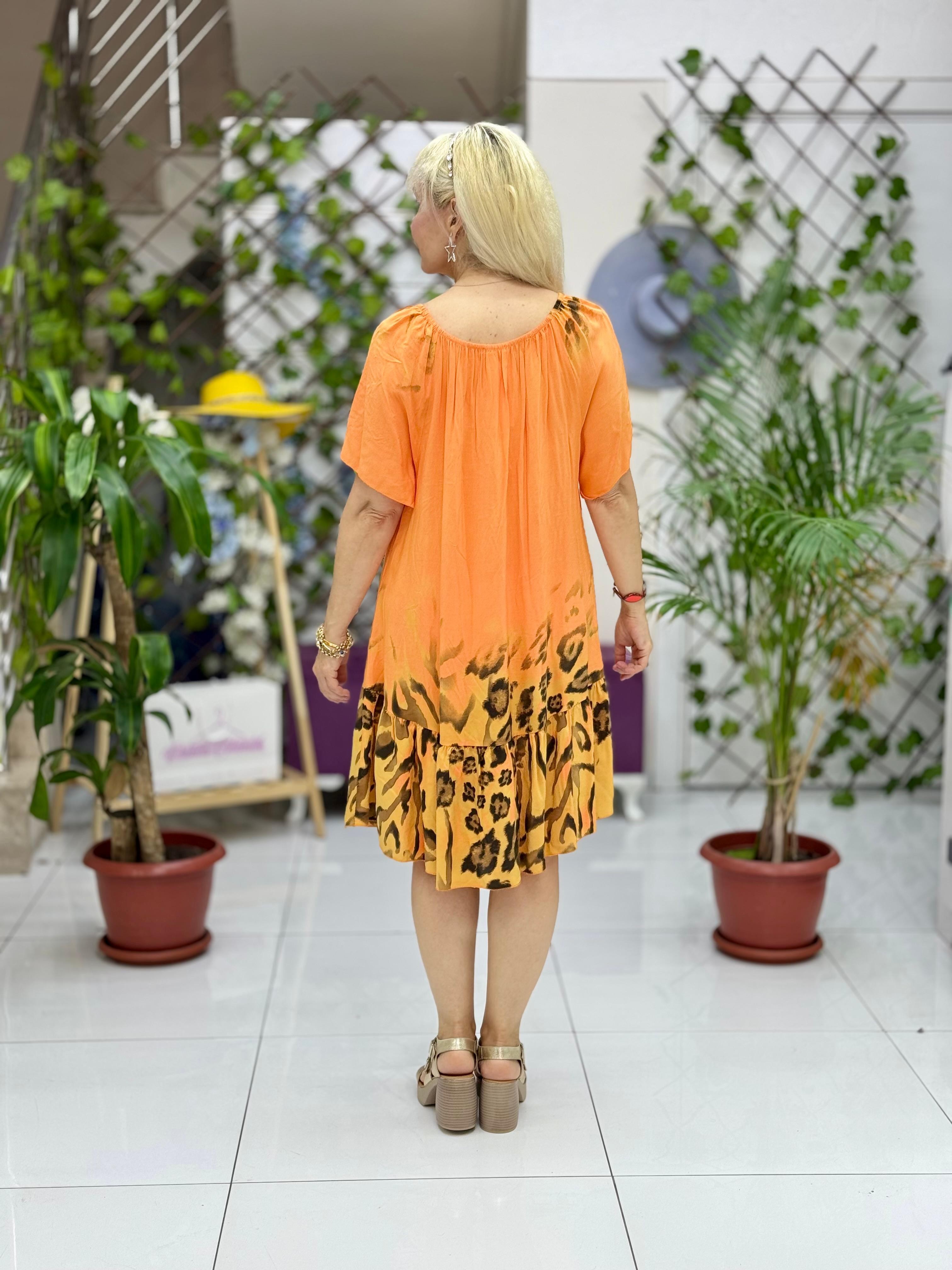 NC10526 İtalyan Yaka Lastikli Leoparlı Coton Elbise Oranj