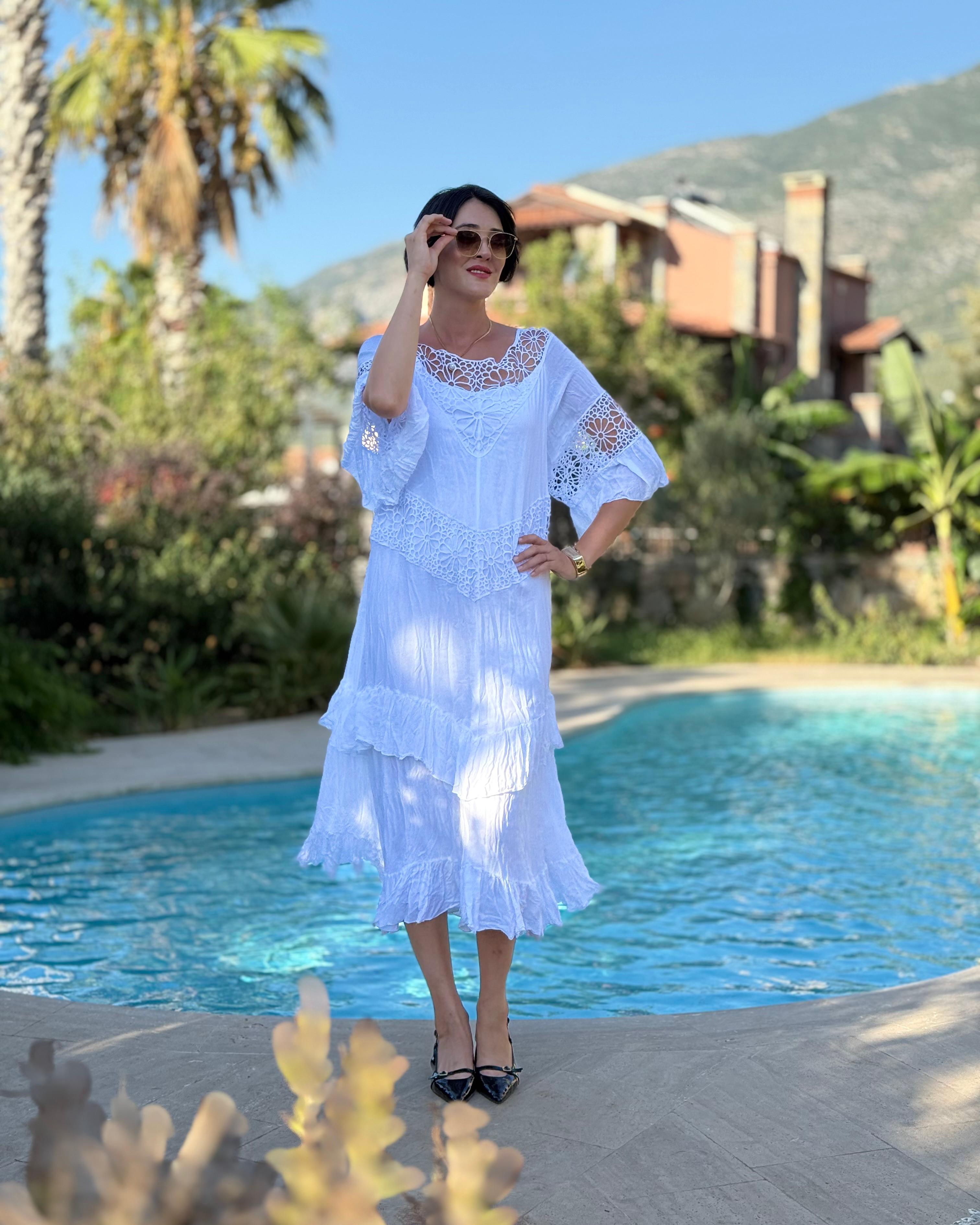 VL12008 Yaka Detay Vual Elbise Beyaz