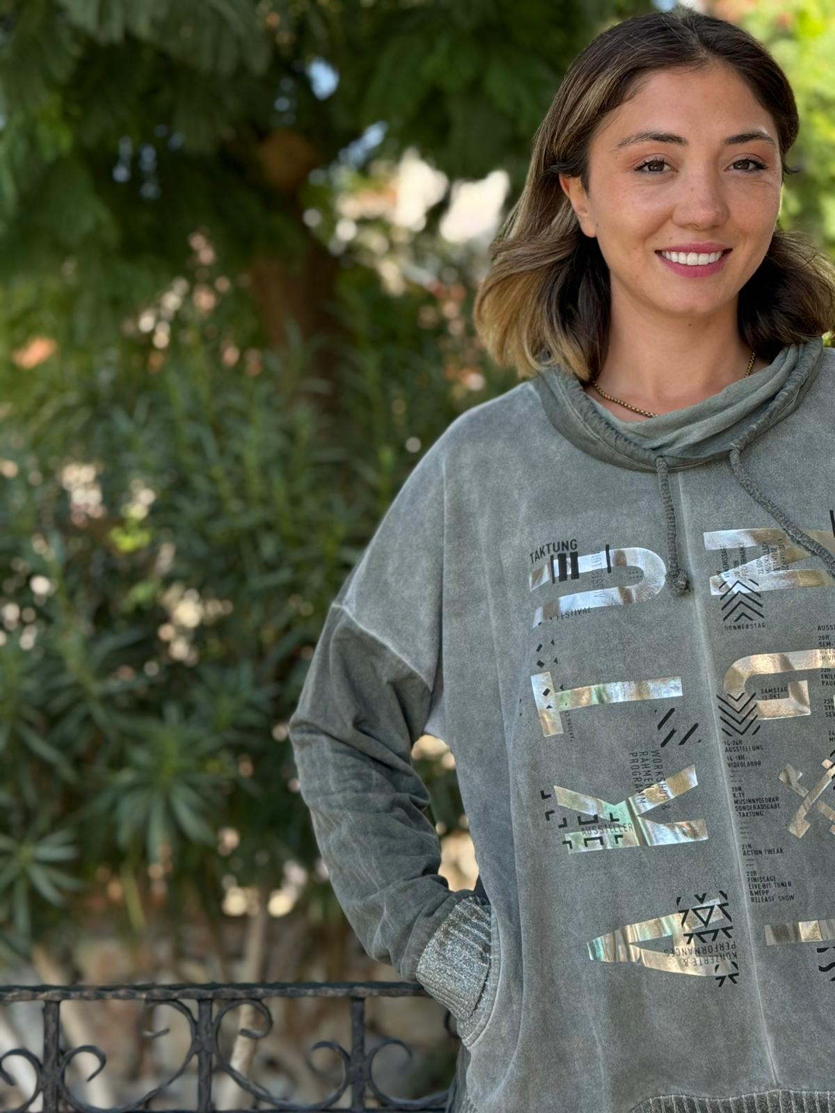 NC53050D İtalyan Yazı Baskılı Cepli Kapüşonlu Coton Sweatshirt Haki