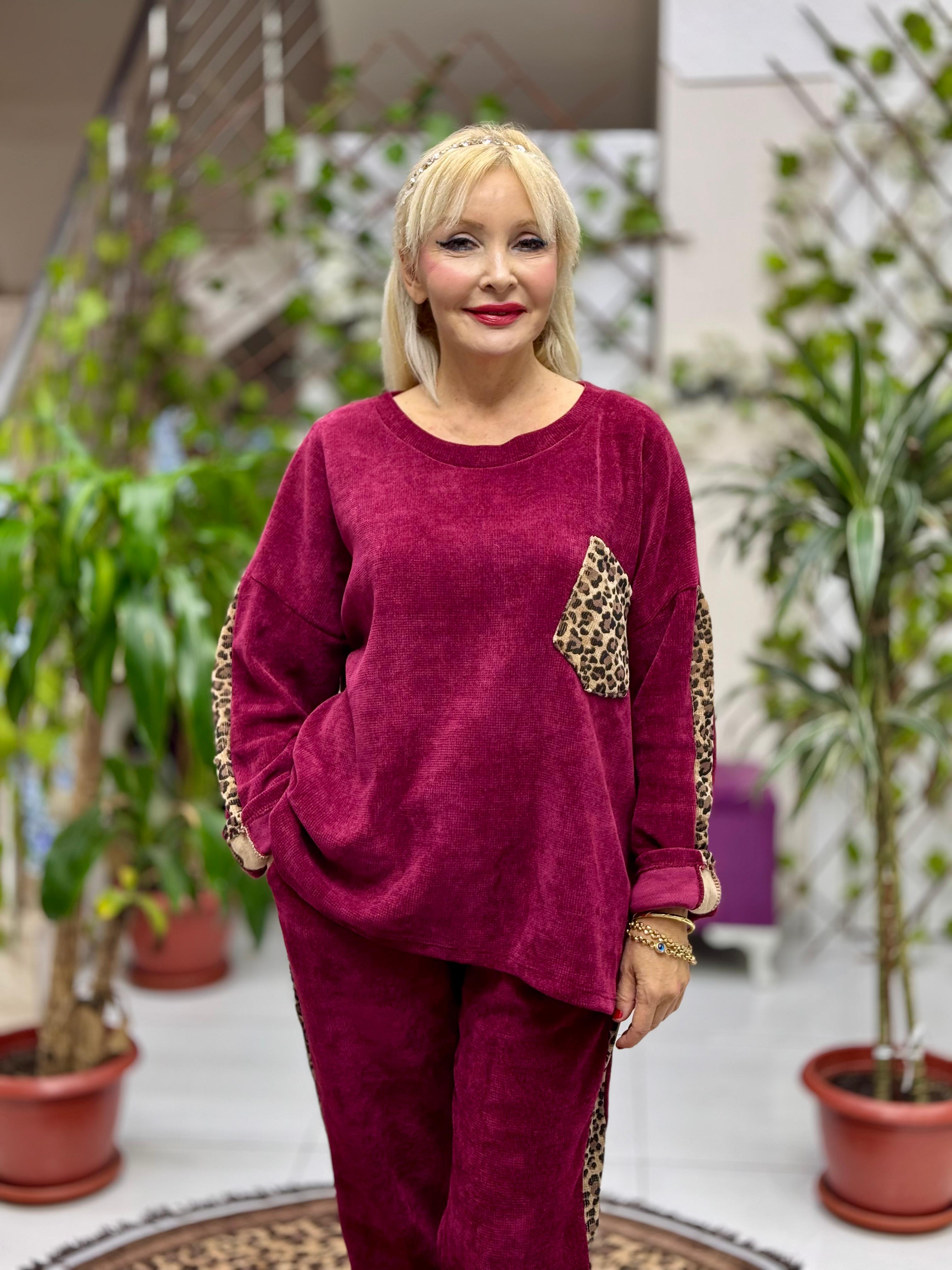 NC25183 Leopar Desenli Cep Detaylı İtalyan Kadife Takım Bordo