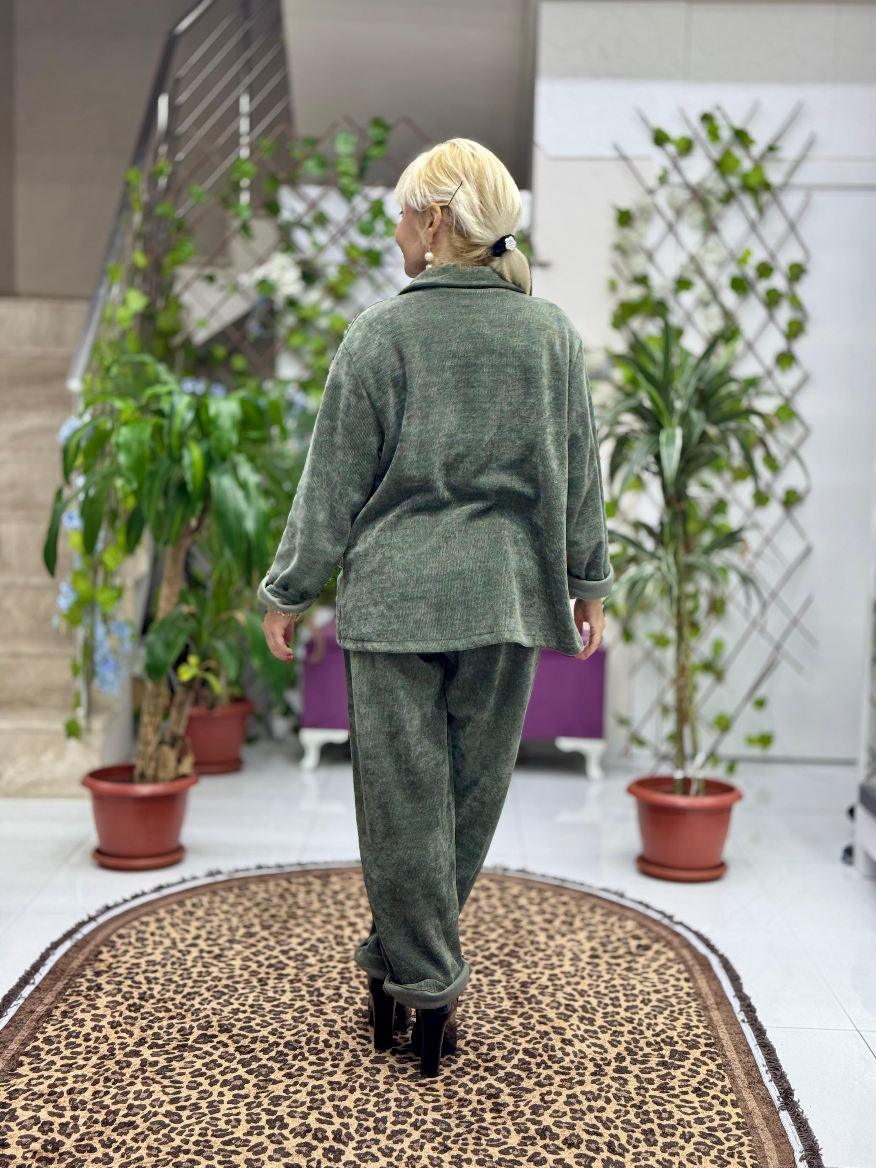 YG683089 Tek Düğme İtalyan Ceket Pantolon Kadife Takım Haki