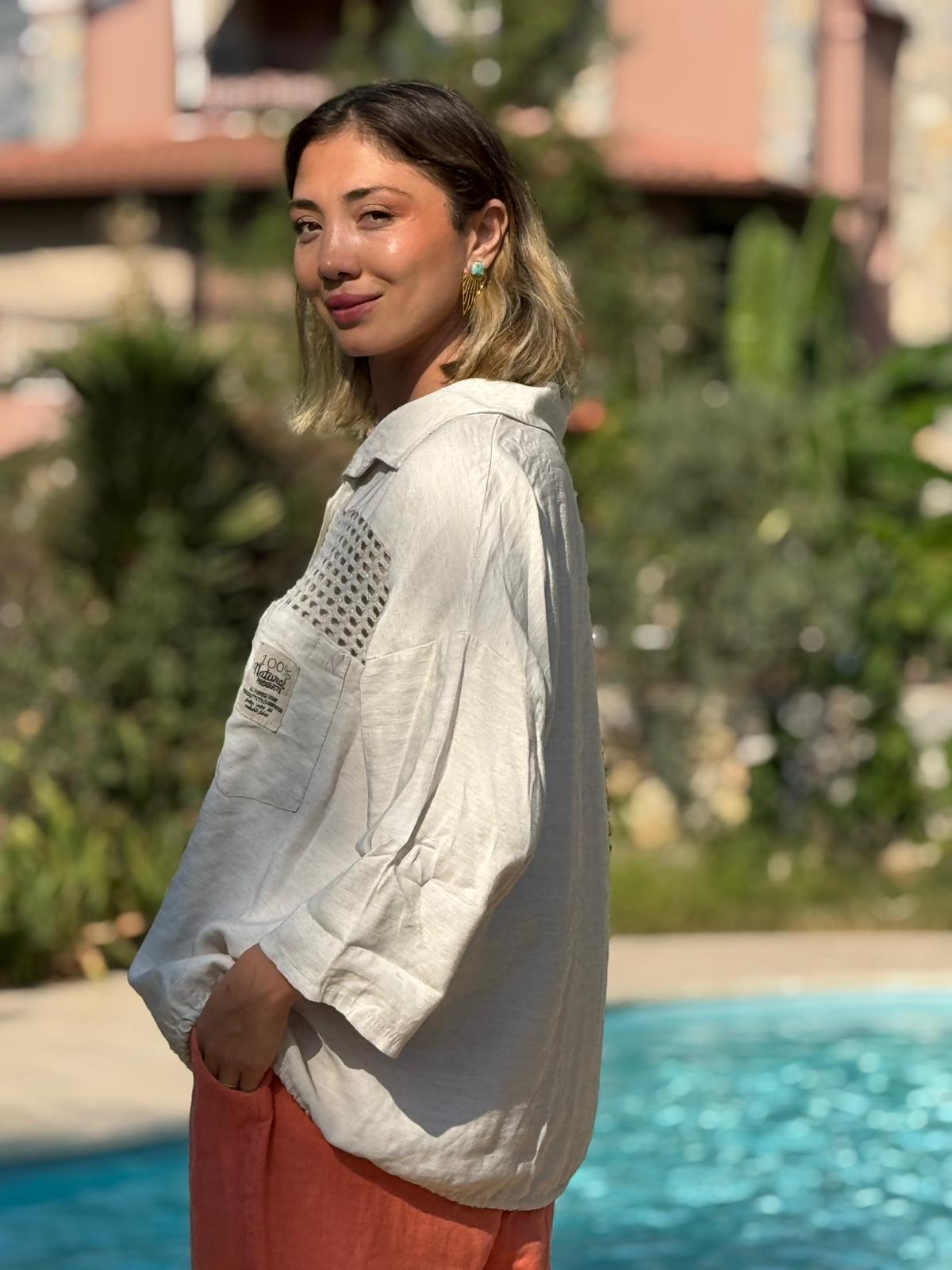 N23003 Blusa Lino Algodón Italiano Visón