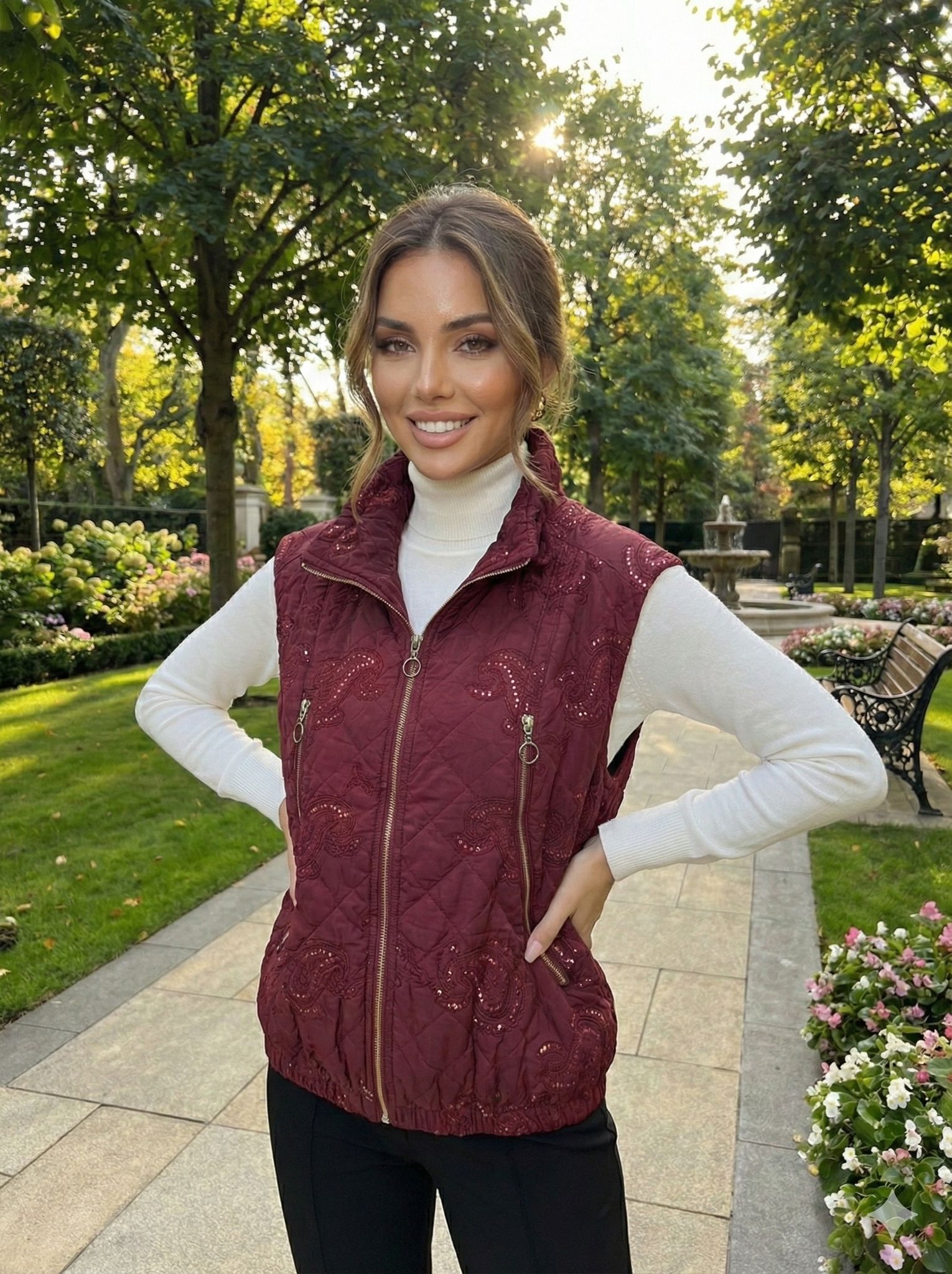 NC61581 Şal Desen Pullu Balıkçı Yaka Kapitone İtalyan Yelek Bordo