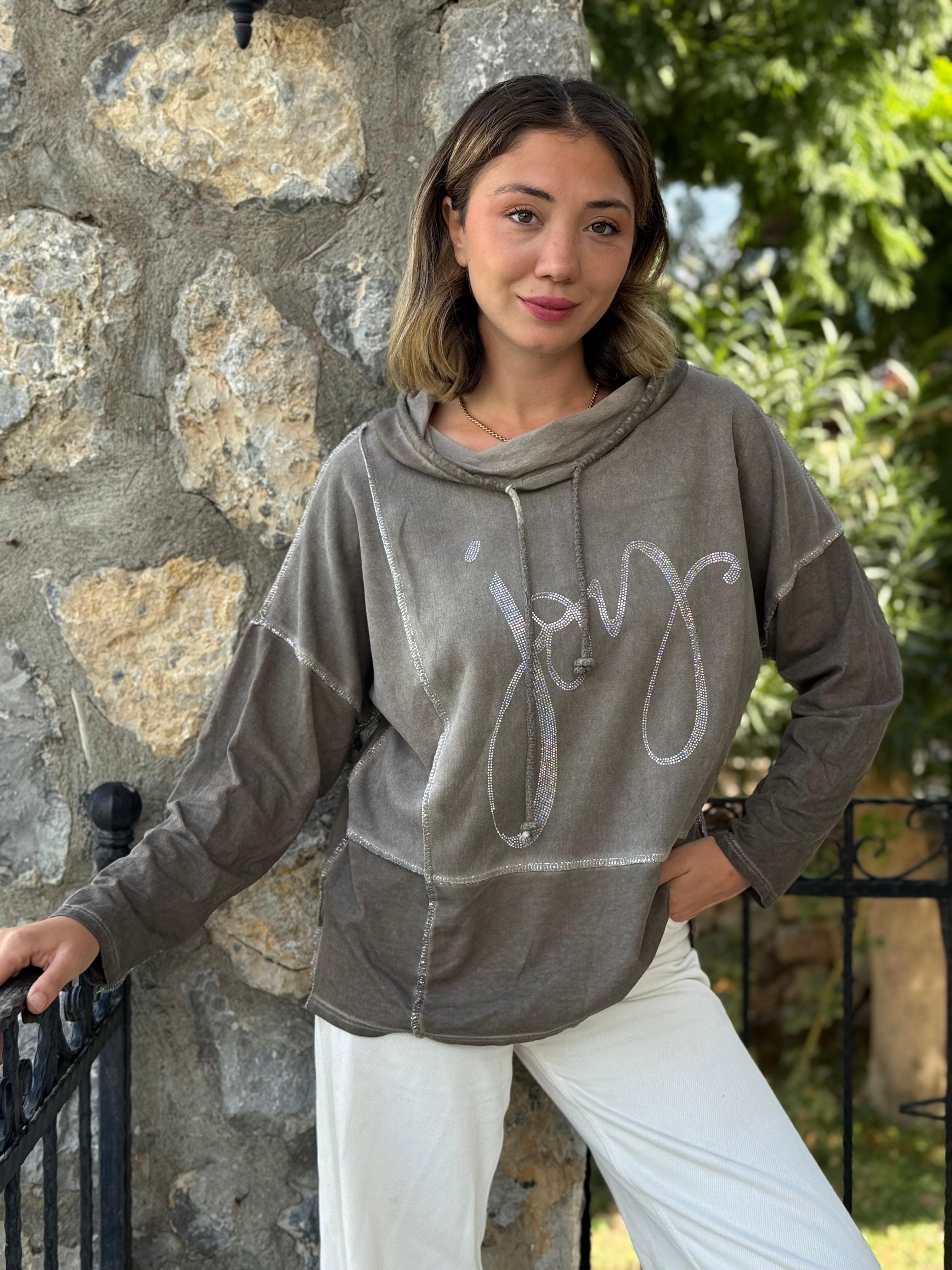 NC18533 İtalyan Joy Taşlı Kapüşonlu Coton Sweatshirt Vizon
