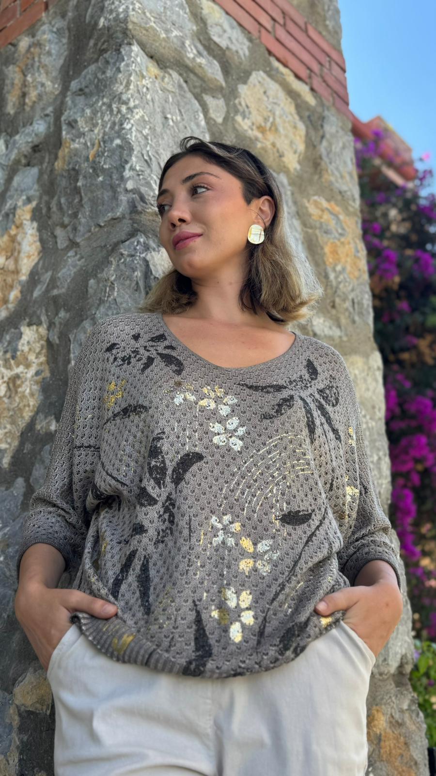 LS7514 İtalyan Yaprak Desen Triko Bluz Vizon