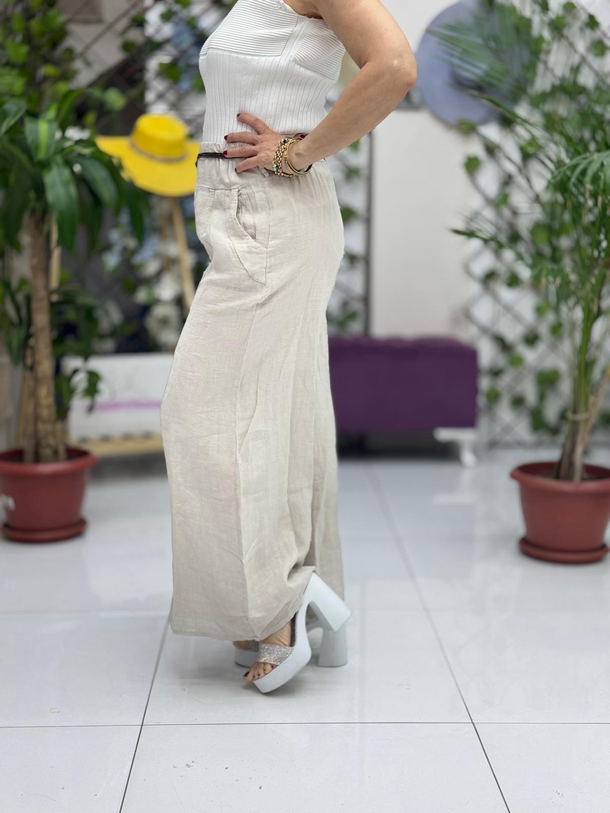 NC1136 İtalyan İtalyan Kemerli Keten Pantolon Krem