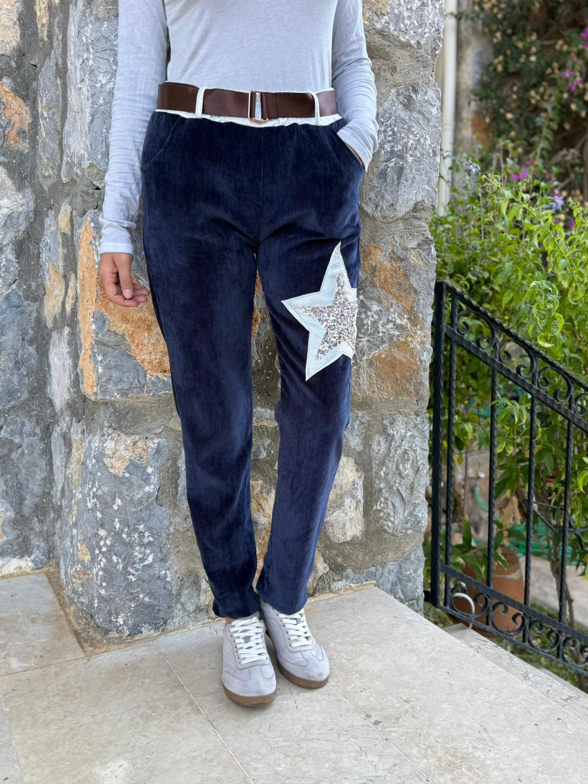 LS12520 İtalyan Yıldız Taşlı Kadife Pantolon Lacivert