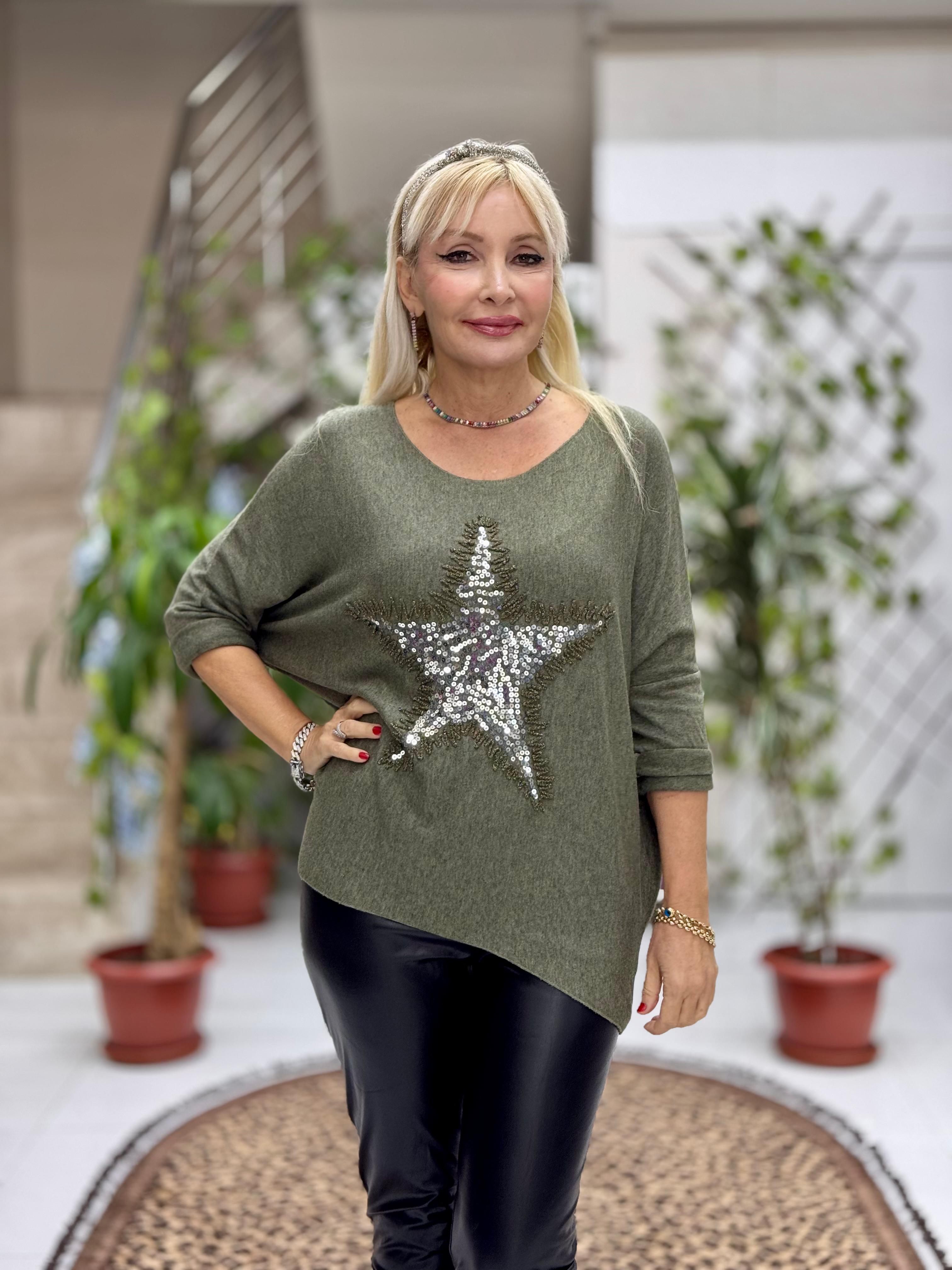 NC1778 İtalyan Yıldız desen Pulpayetli Bluz Haki