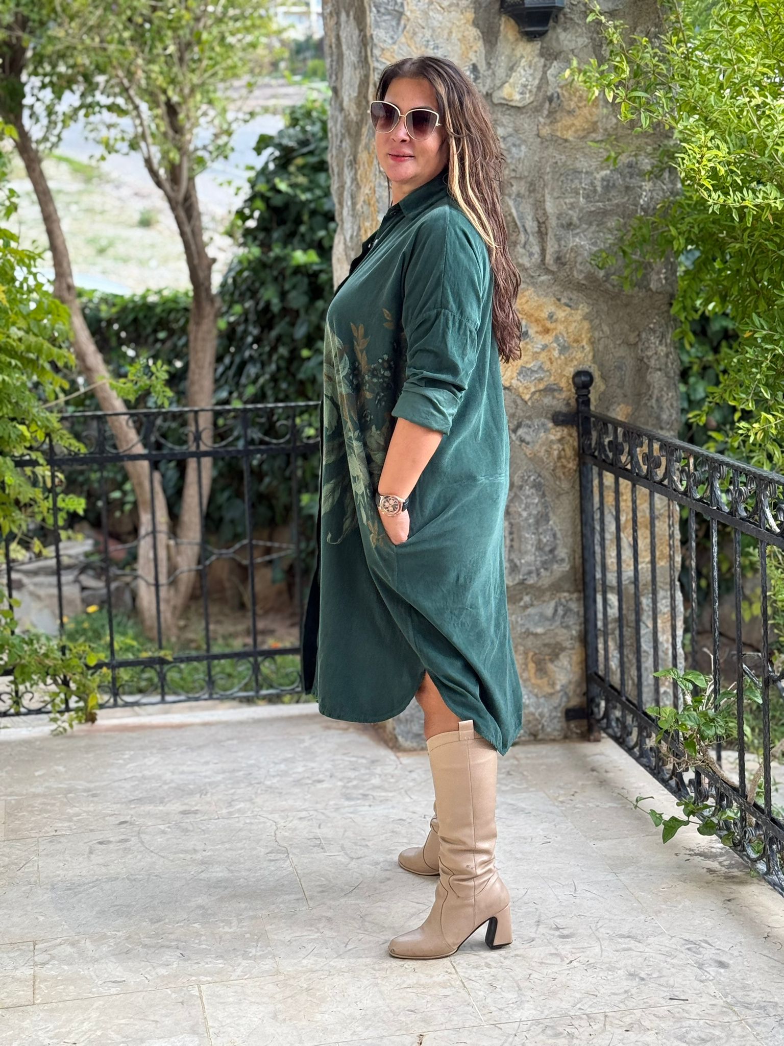 YG11410 Çiçek Baskılı Erkek Yaka  İtalyan Kadife Gömlek Elbise Acı Yeşil