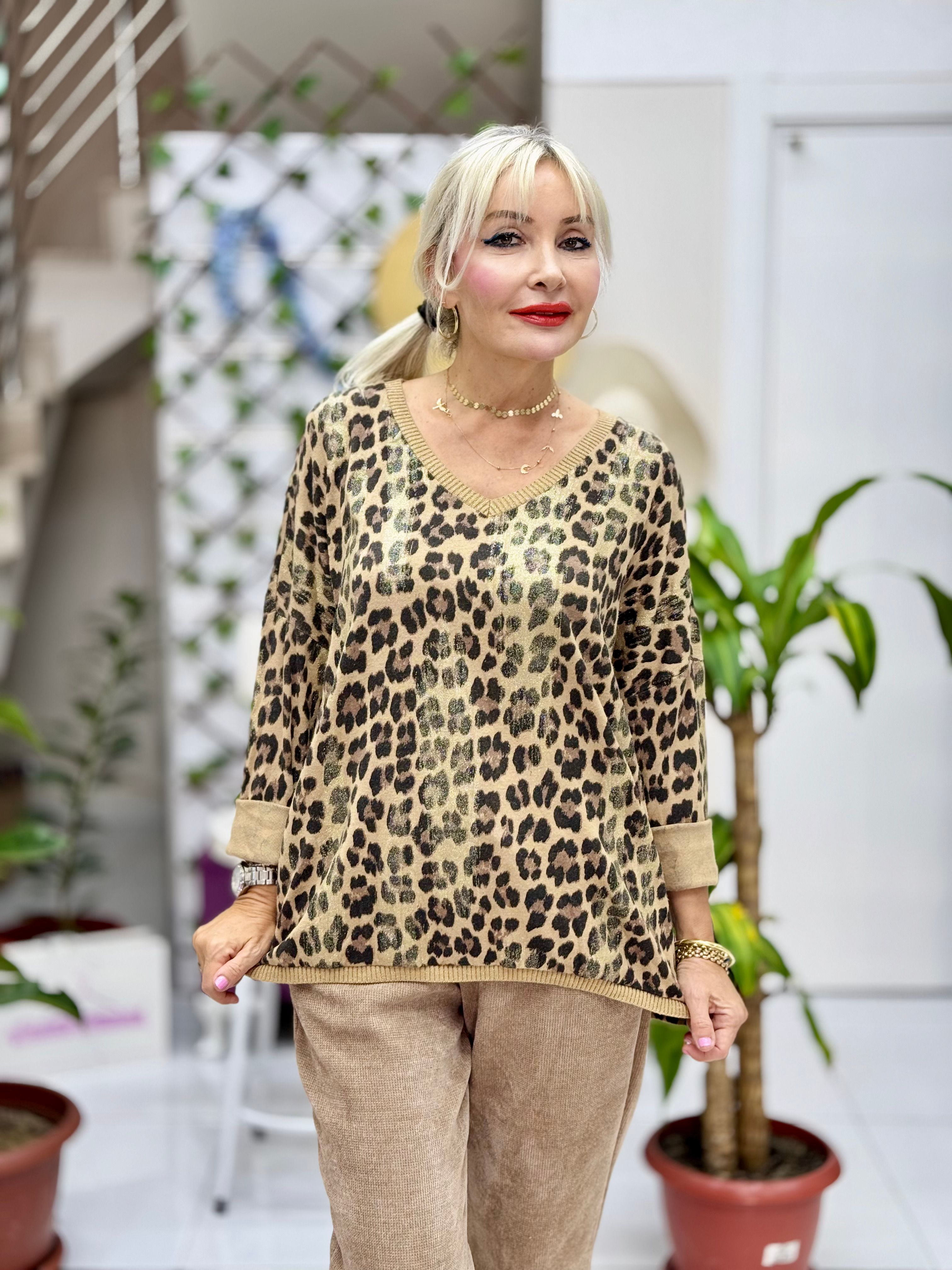 P24501 İtalyan Simli Leopar Bluz Camel