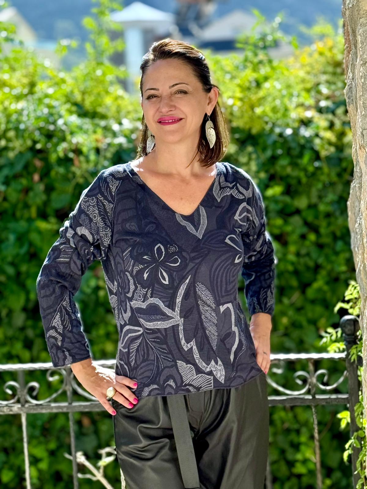 YG7036 Çiçek Desenli V Yaka İtalyan Triko Bluz Lacivert