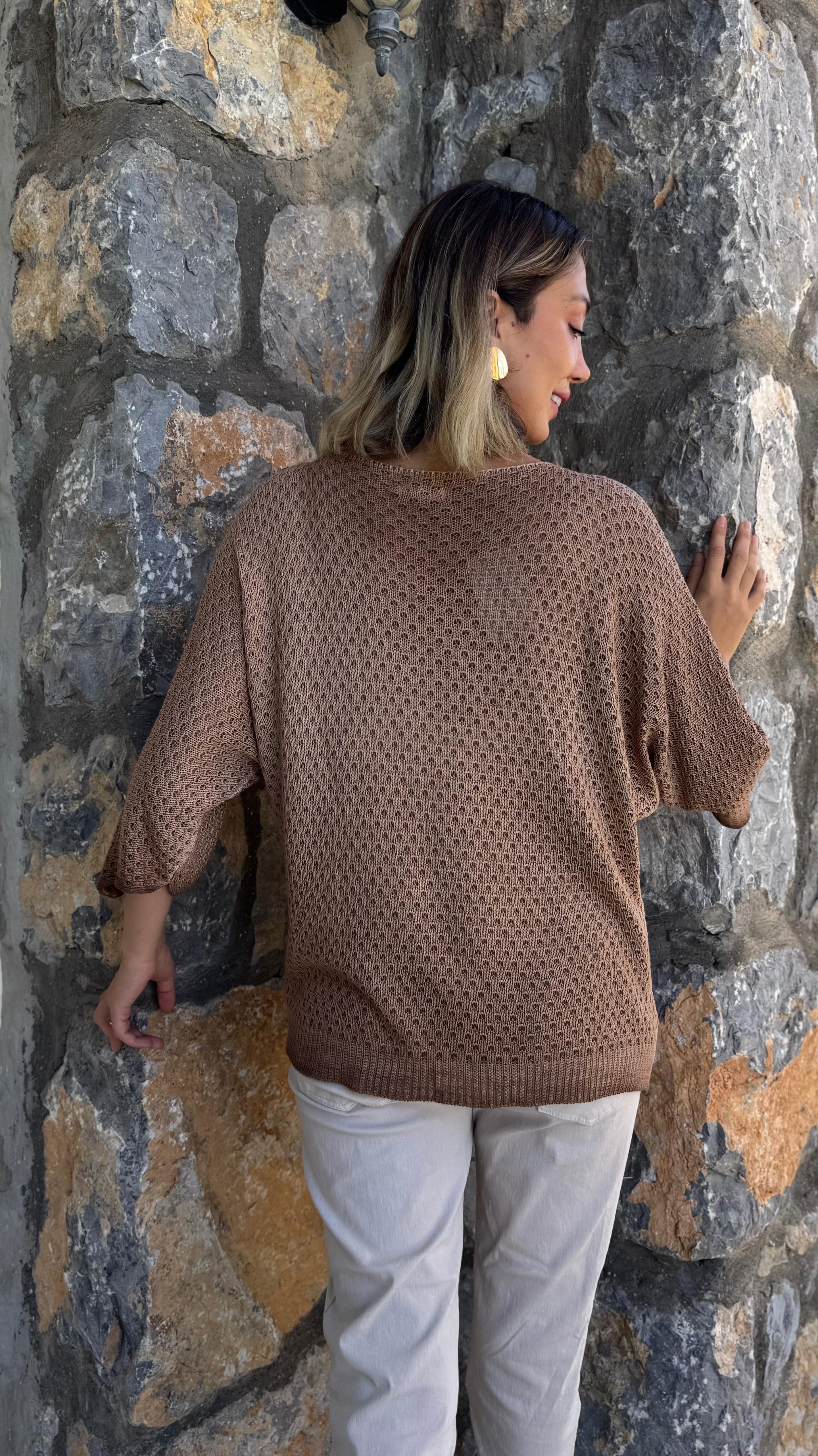 FXLS7514 İtalyan Yaprak Desen Triko Bluz Camel