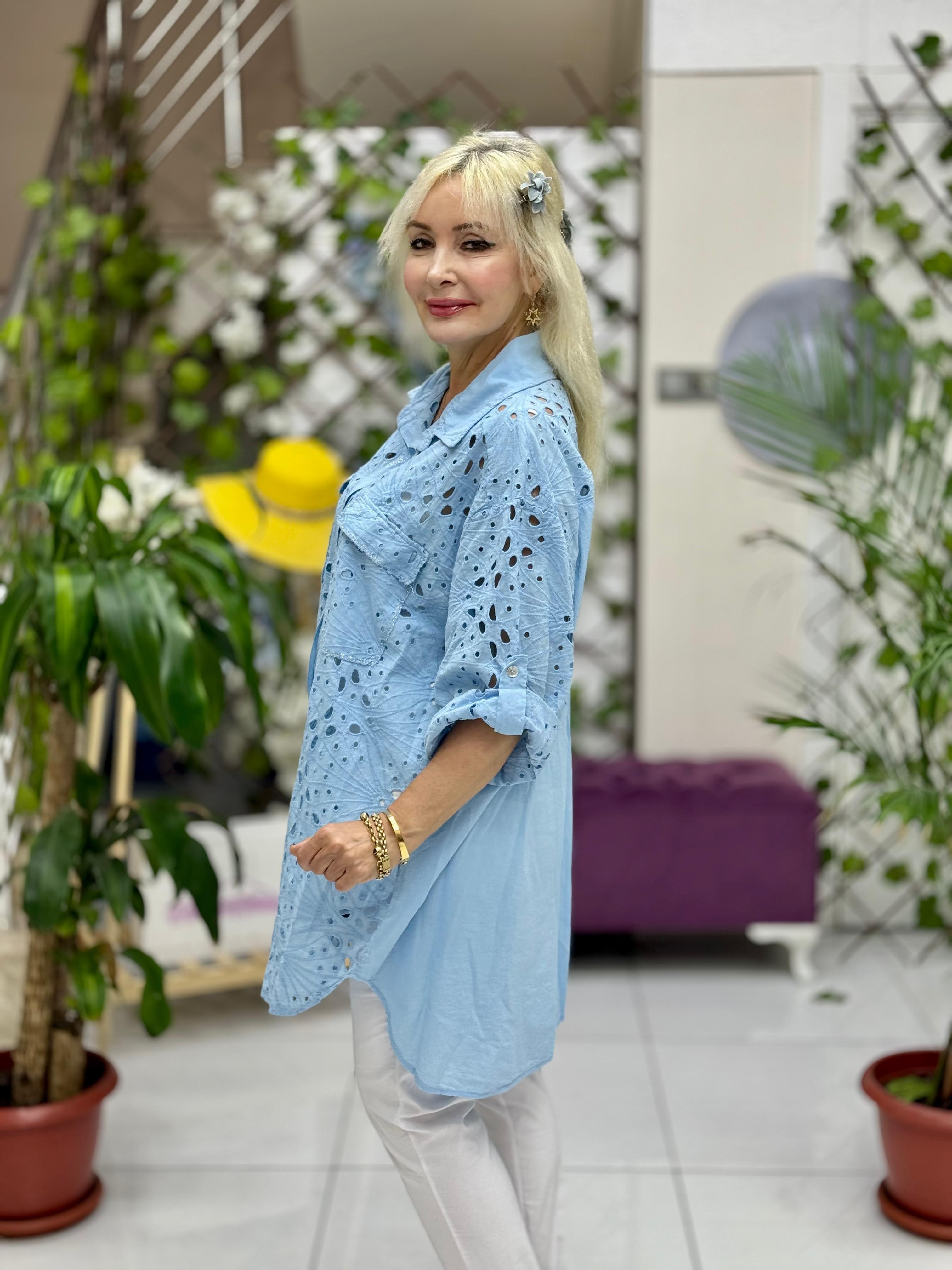 YG9527 İtalyan Brodeli Coton Gömlek Mavi