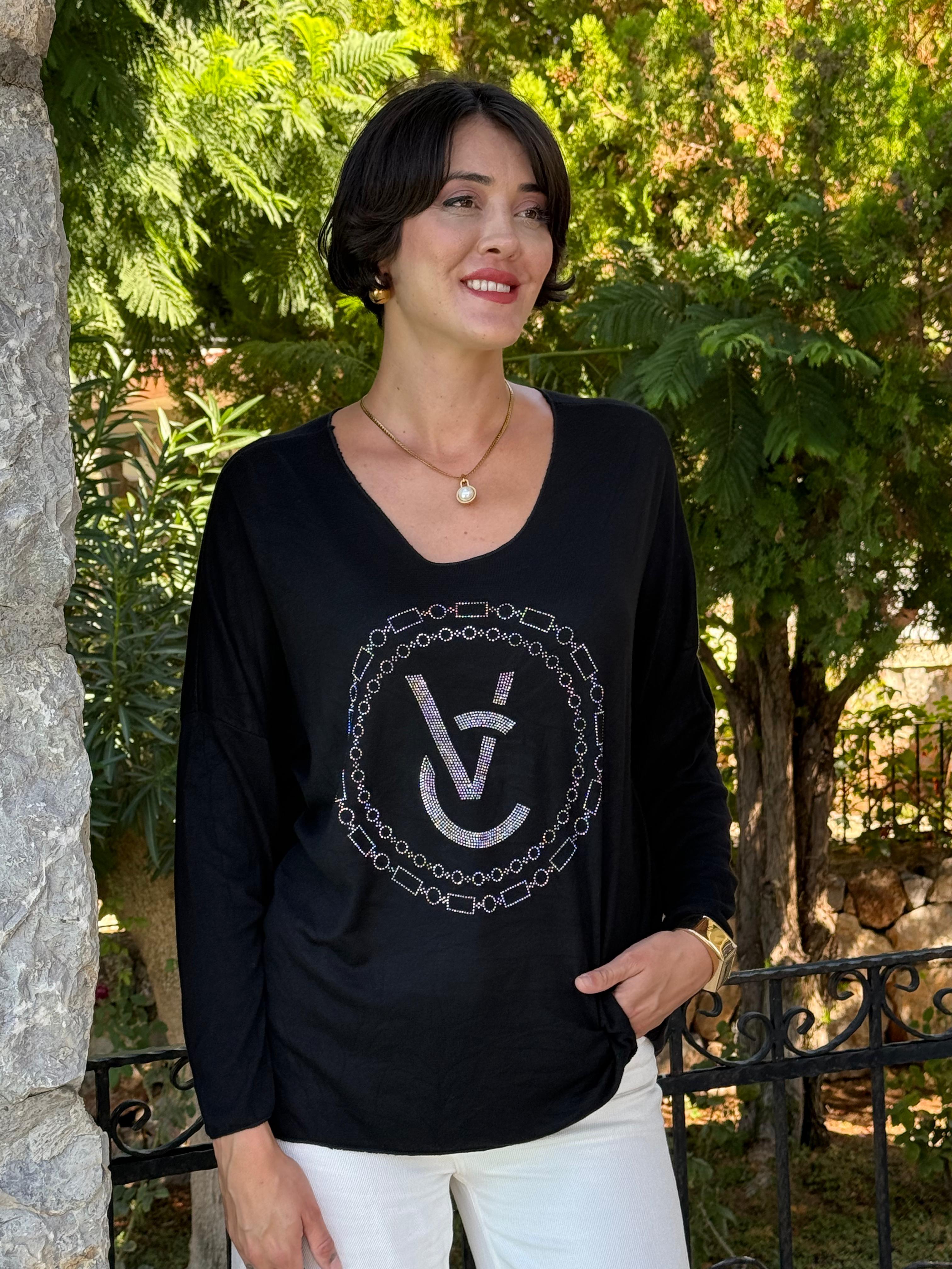 FXLS82681 İtalyan Taş Baskılı Triko Bluz Siyah