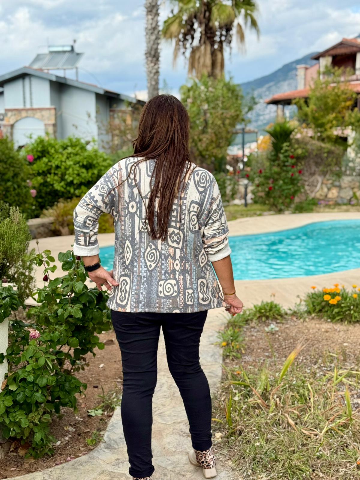 YG90664 Merserize V Yaka Baskılı İtalyan Bluz gri