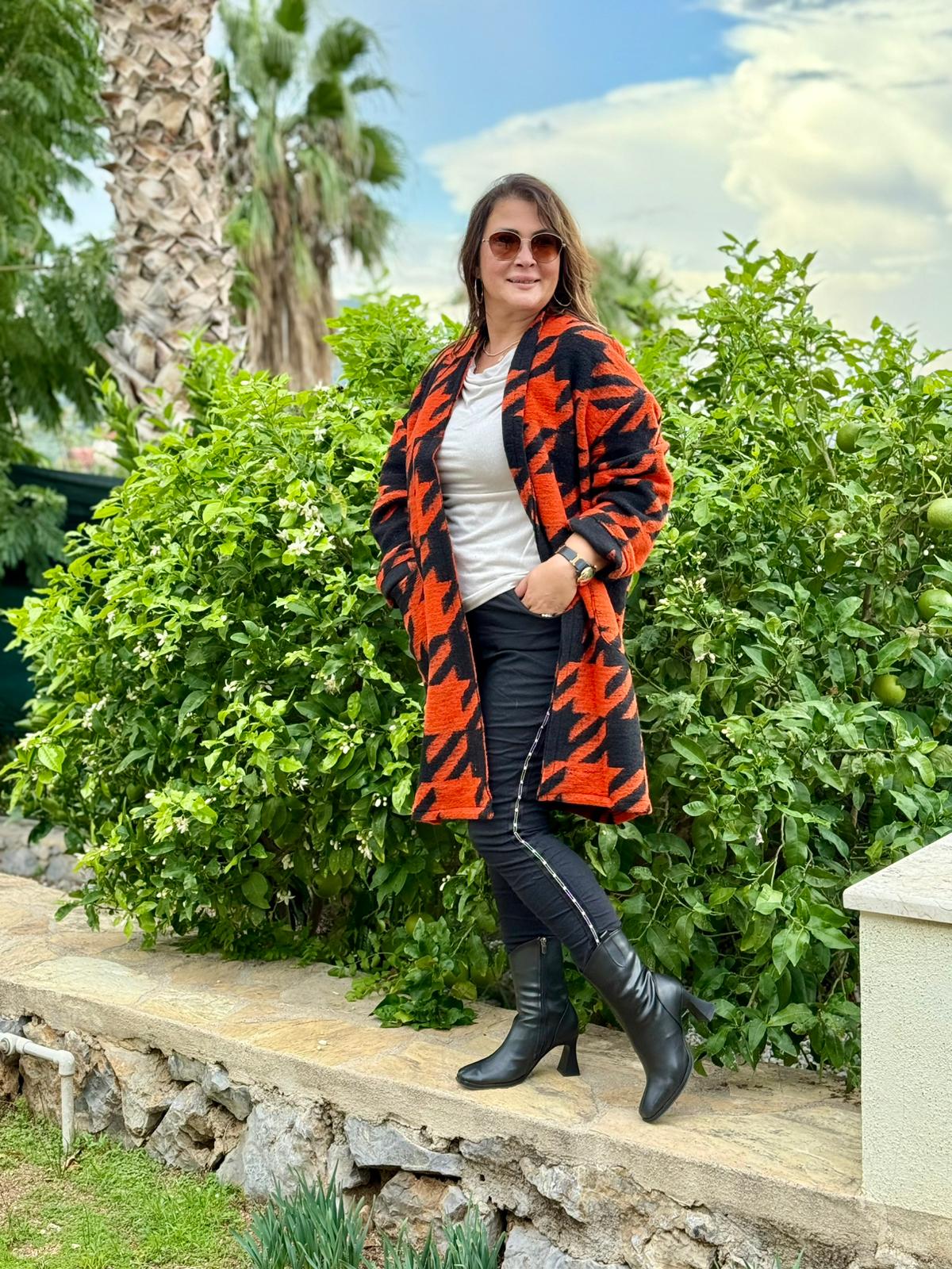 YG109261 Kapamasız Kaz Ayağı Desenli İtalyan Keçe Kaban Oranj