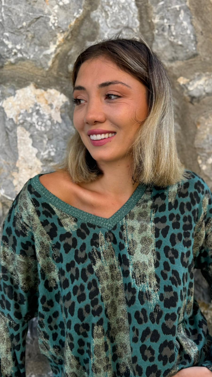 P245011 İtalyan Simli Leopar Bluz Acıyeşil