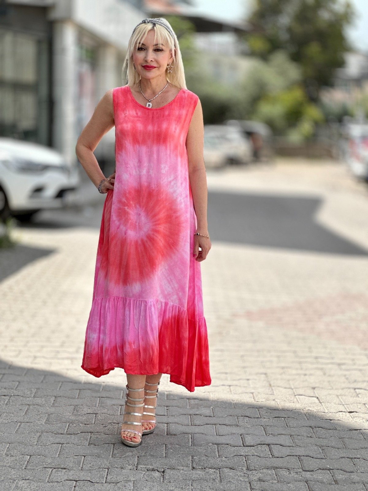 Y1594 Askılı Batik Viskon Elbise Pudra Pembe