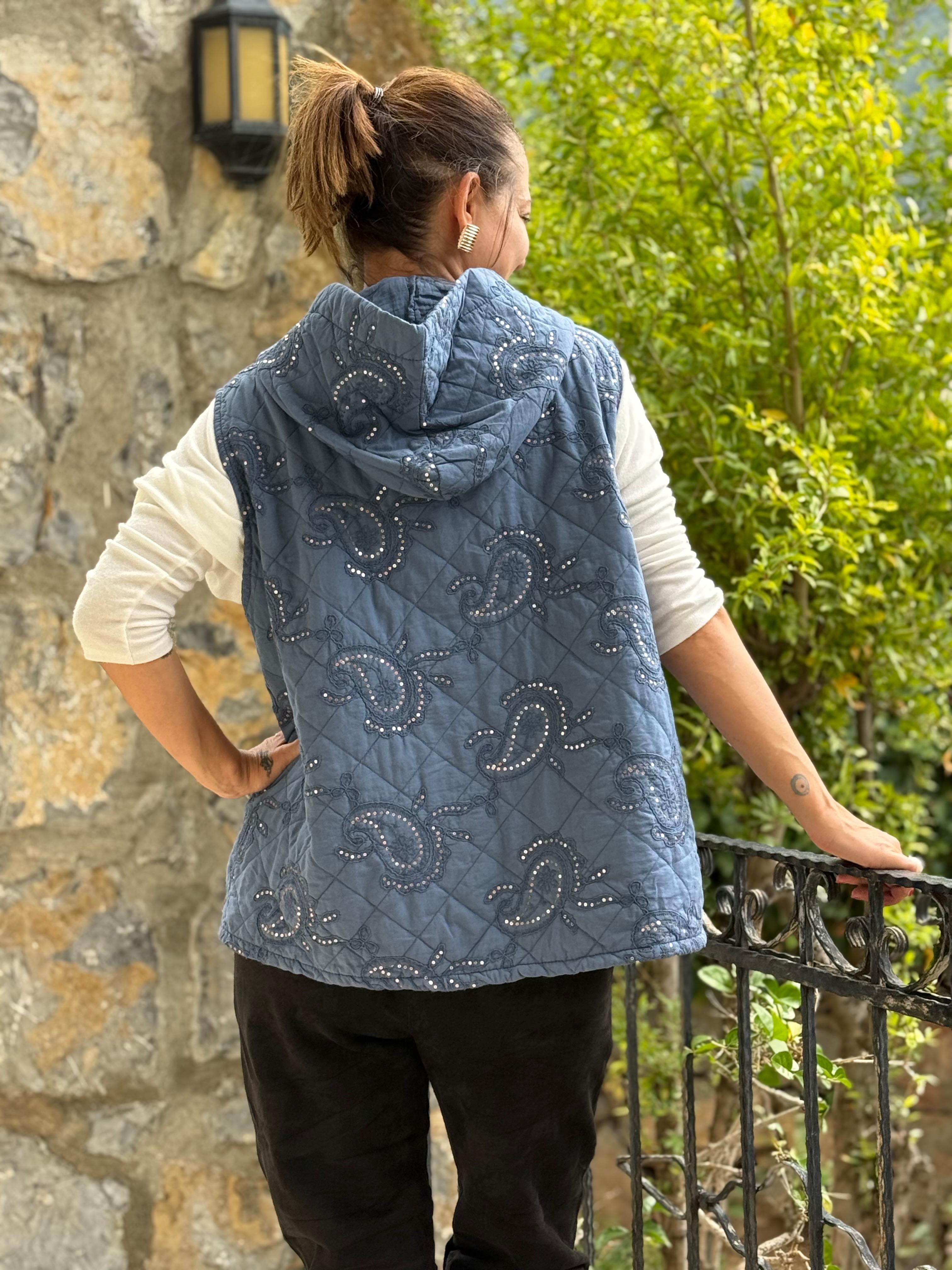 NC65588 Şal Desen Pullu Kapitone İtalyan Yelek Mavi