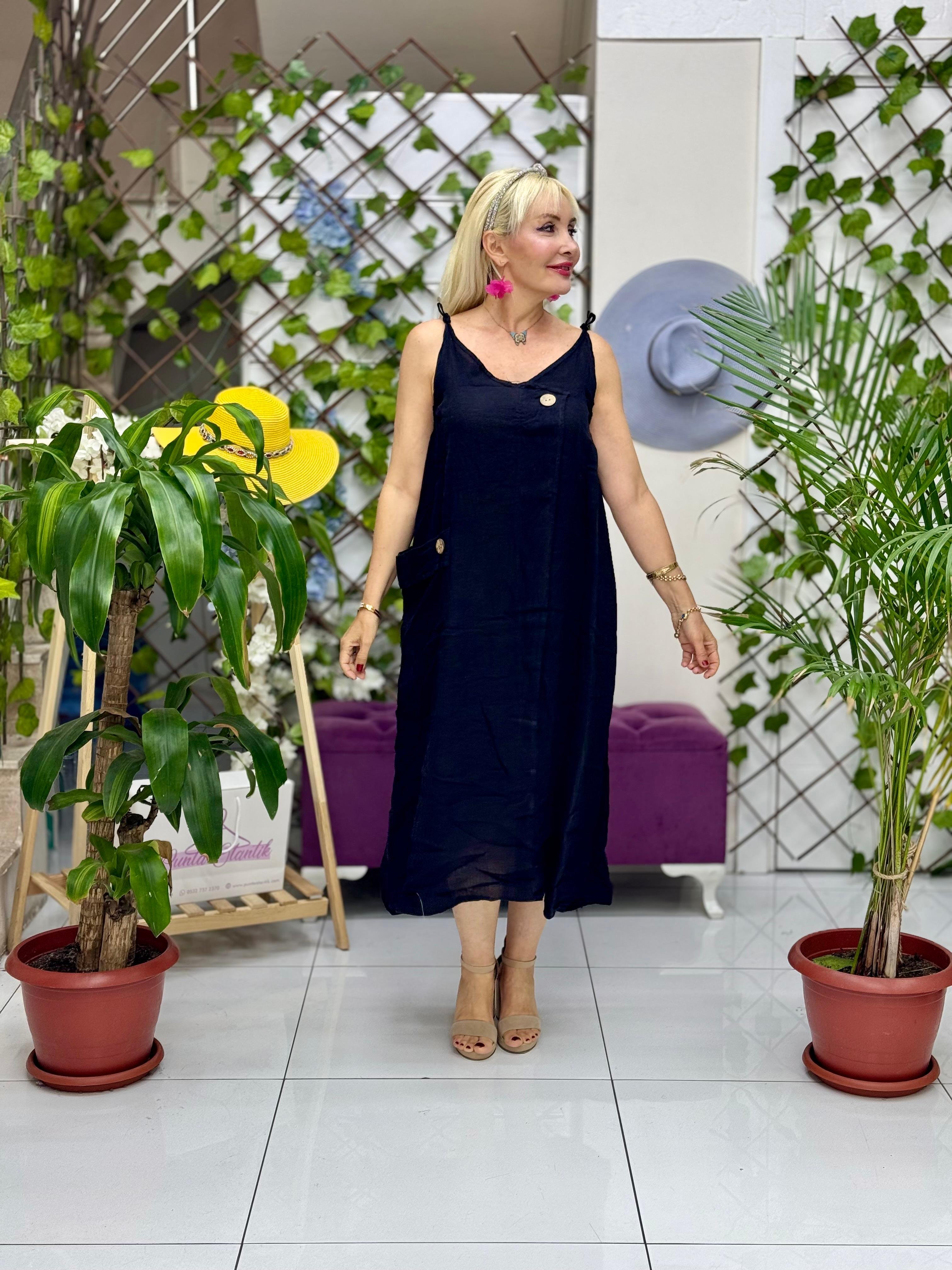 YG205040 İtalyan Keten Elbise Siyah