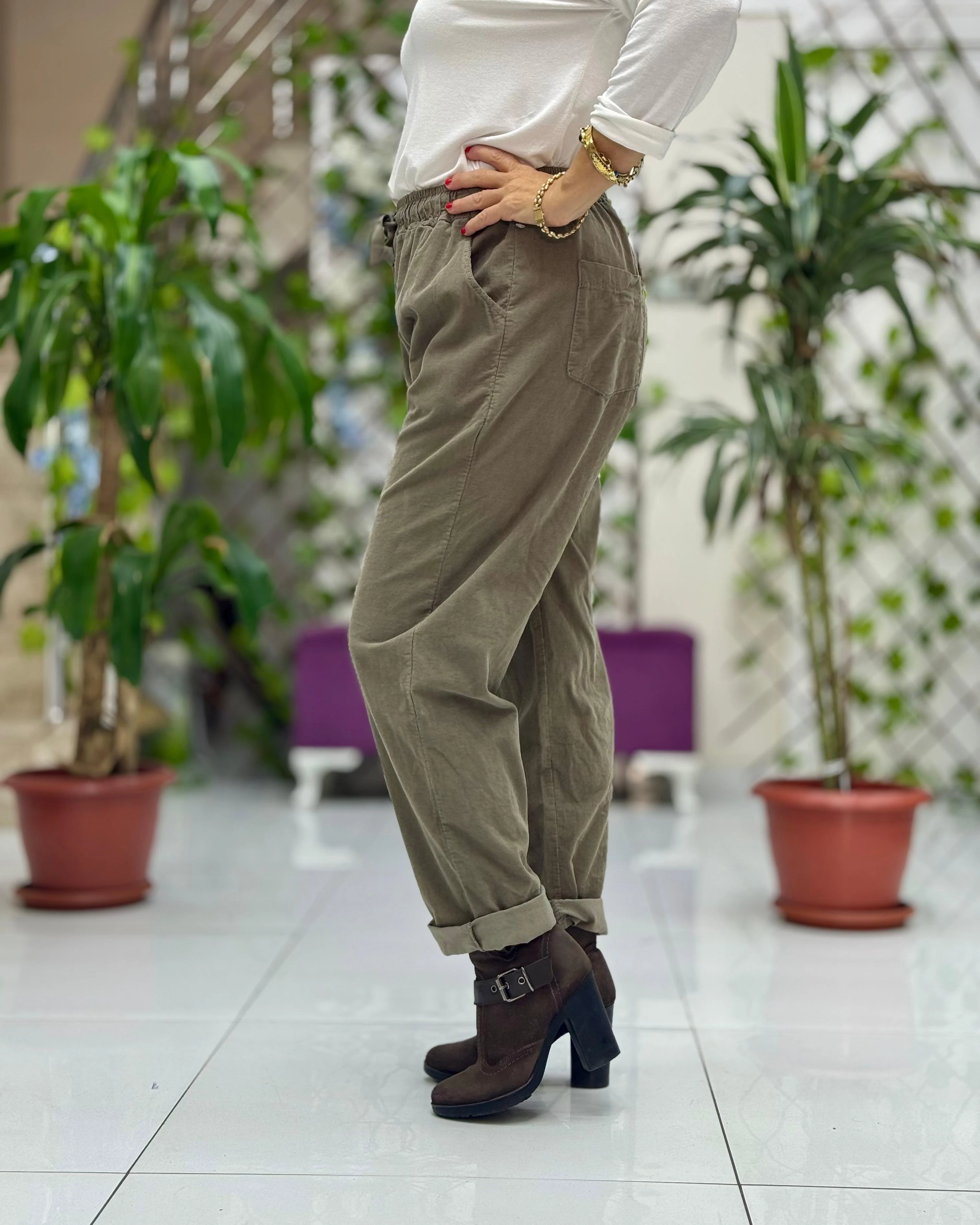 YG3005 Beli Bağcıklı İtalyan Kadife Pantolon Haki