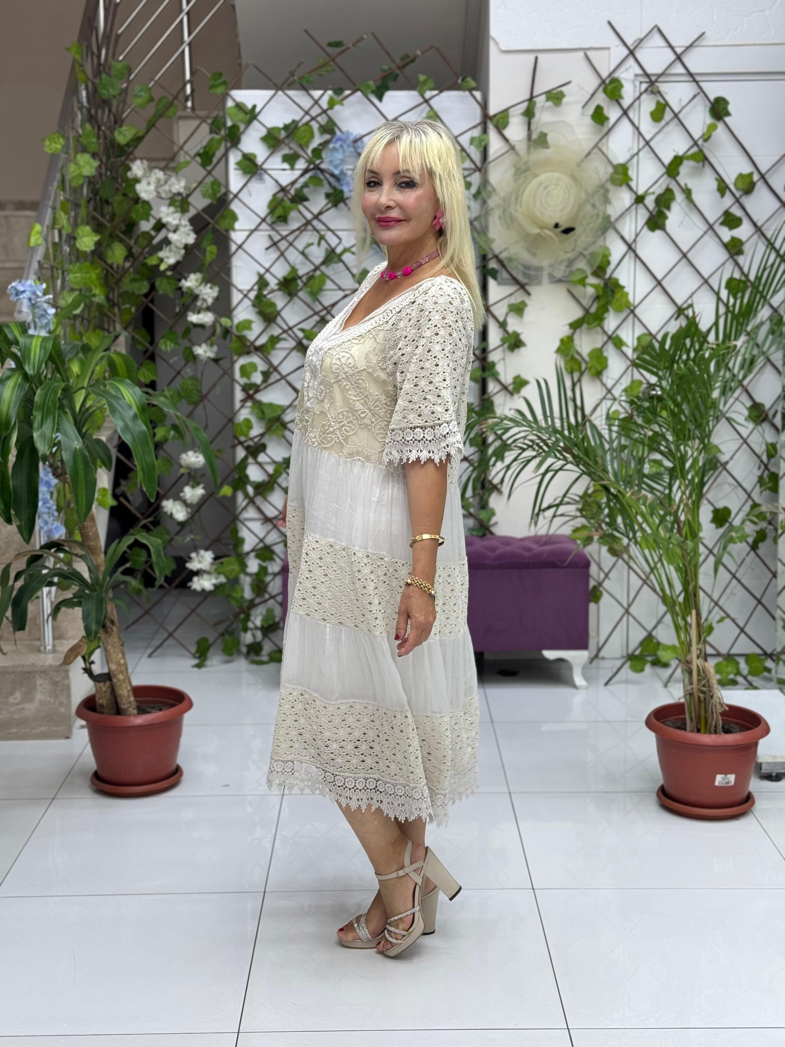 NC10938 İtalyan Pul Payetli Yarım Kol Midi İpek Elbise Bej