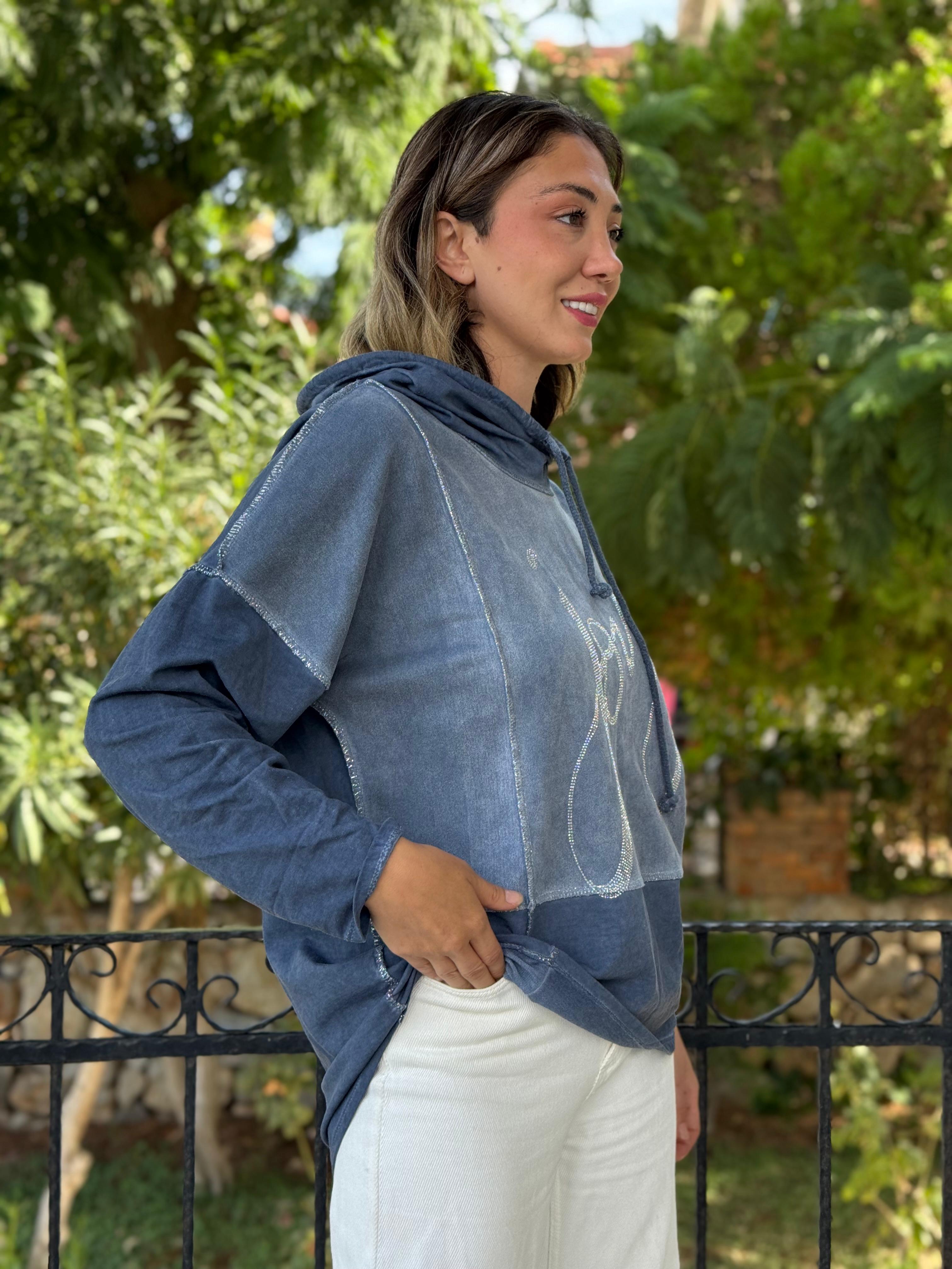 NC18533 İtalyan Joy Taşlı Kapüşonlu Coton Sweatshirt Mavi