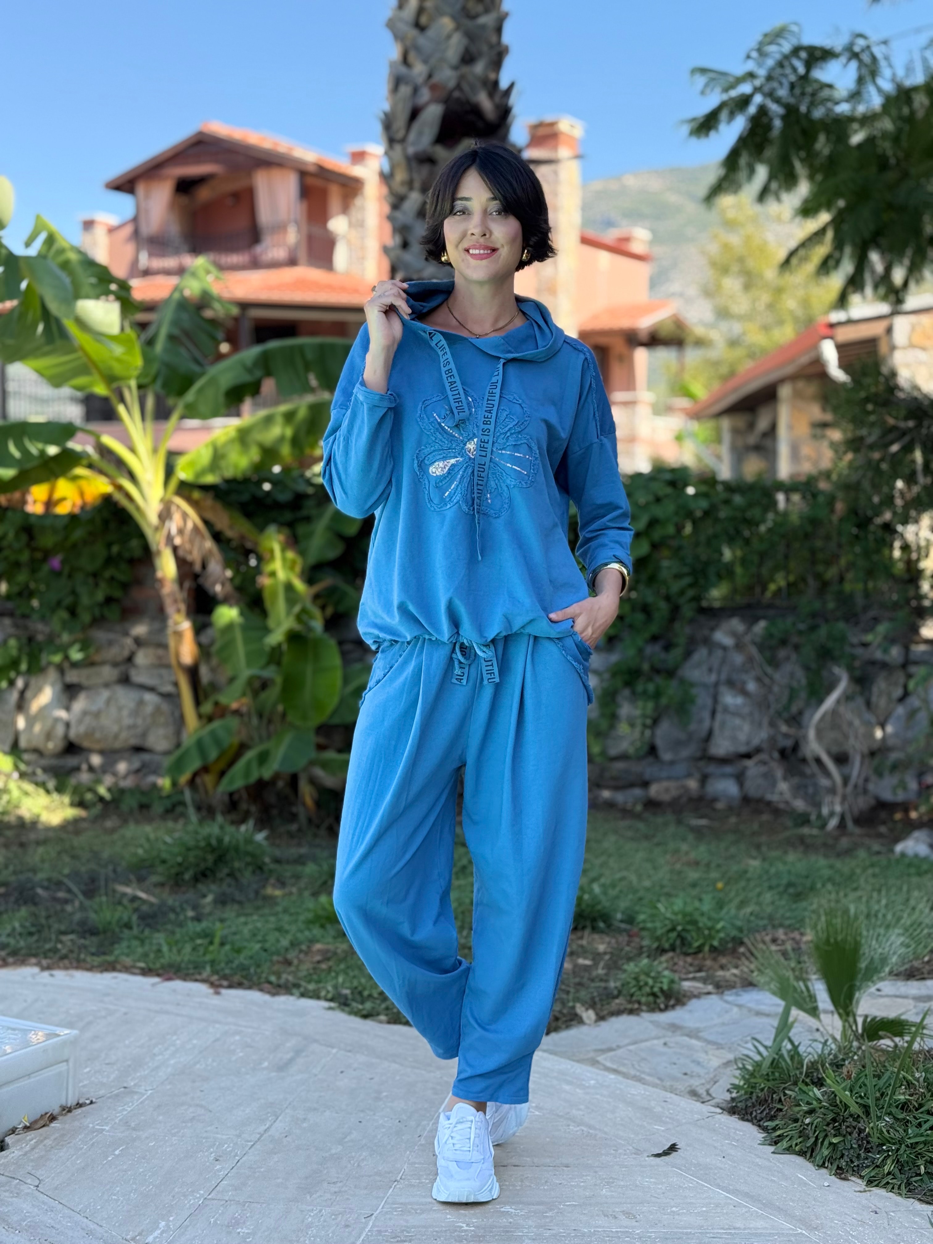 YG10824 italyan Pulpayetli İki İplik İtalyan Coton Takım Marin