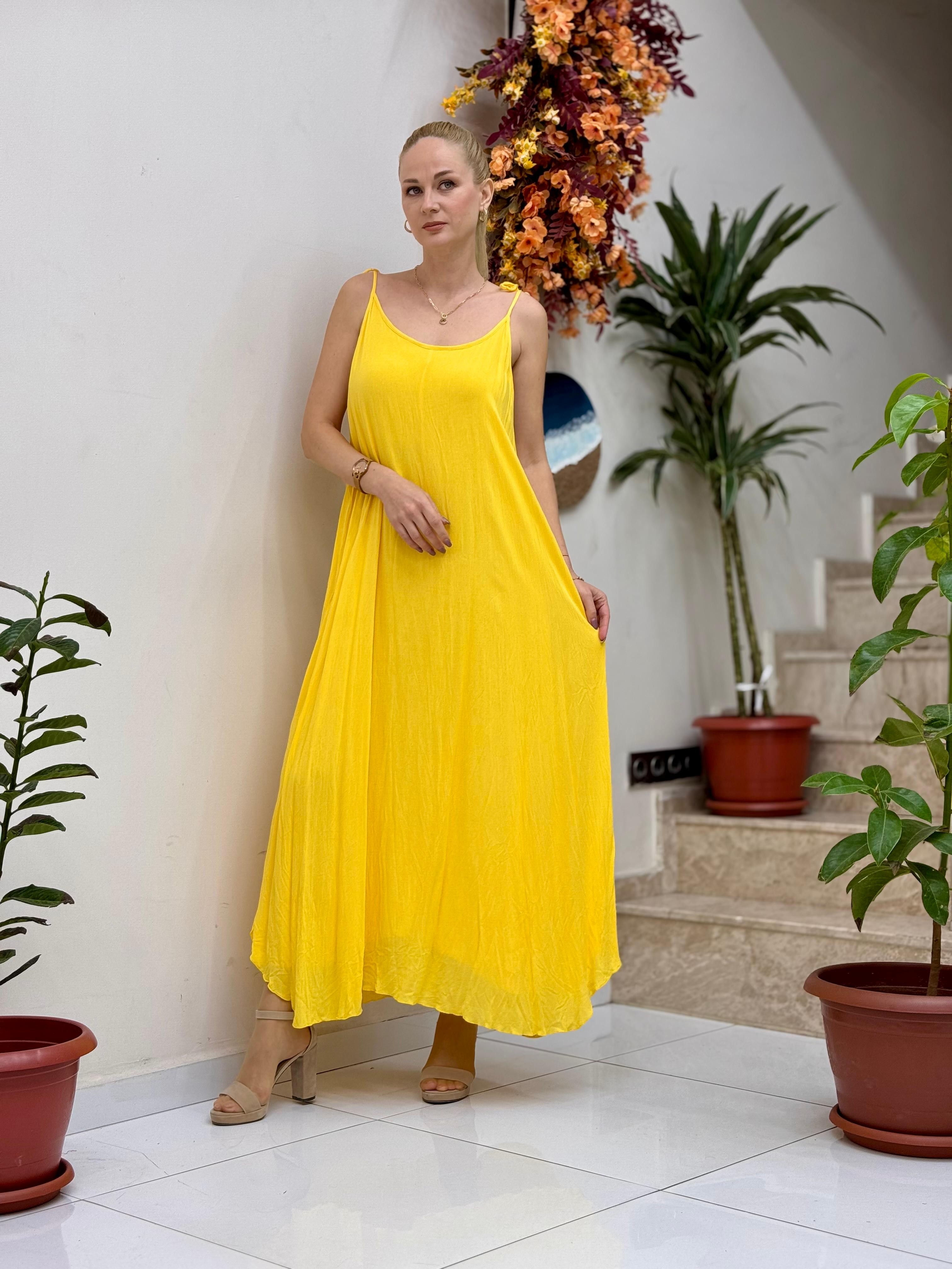 VL11199 Askılı Düz Vual Elbise Sarı