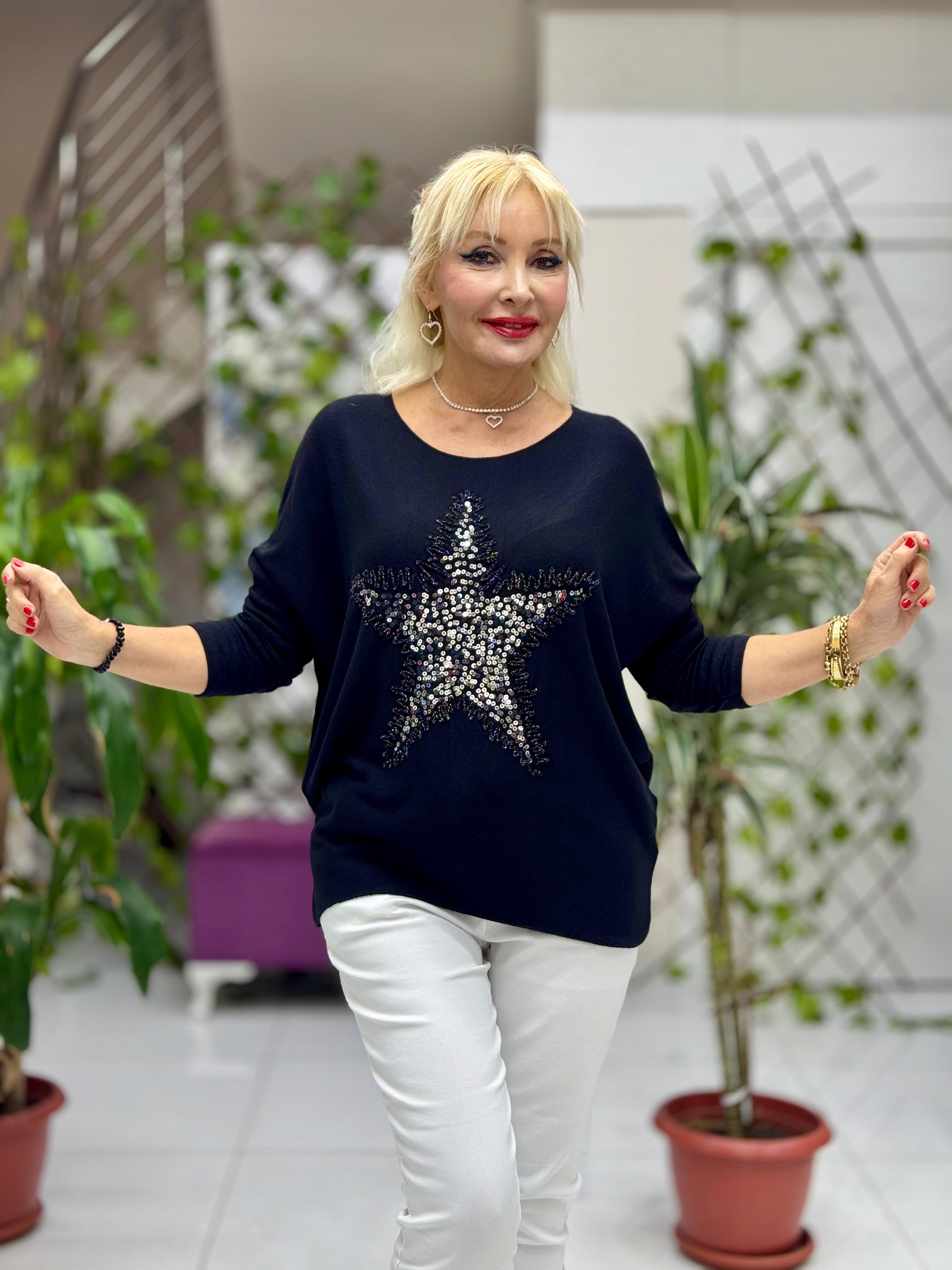 NC1778 İtalyan Yıldız desen Pulpayetli Bluz Siyah