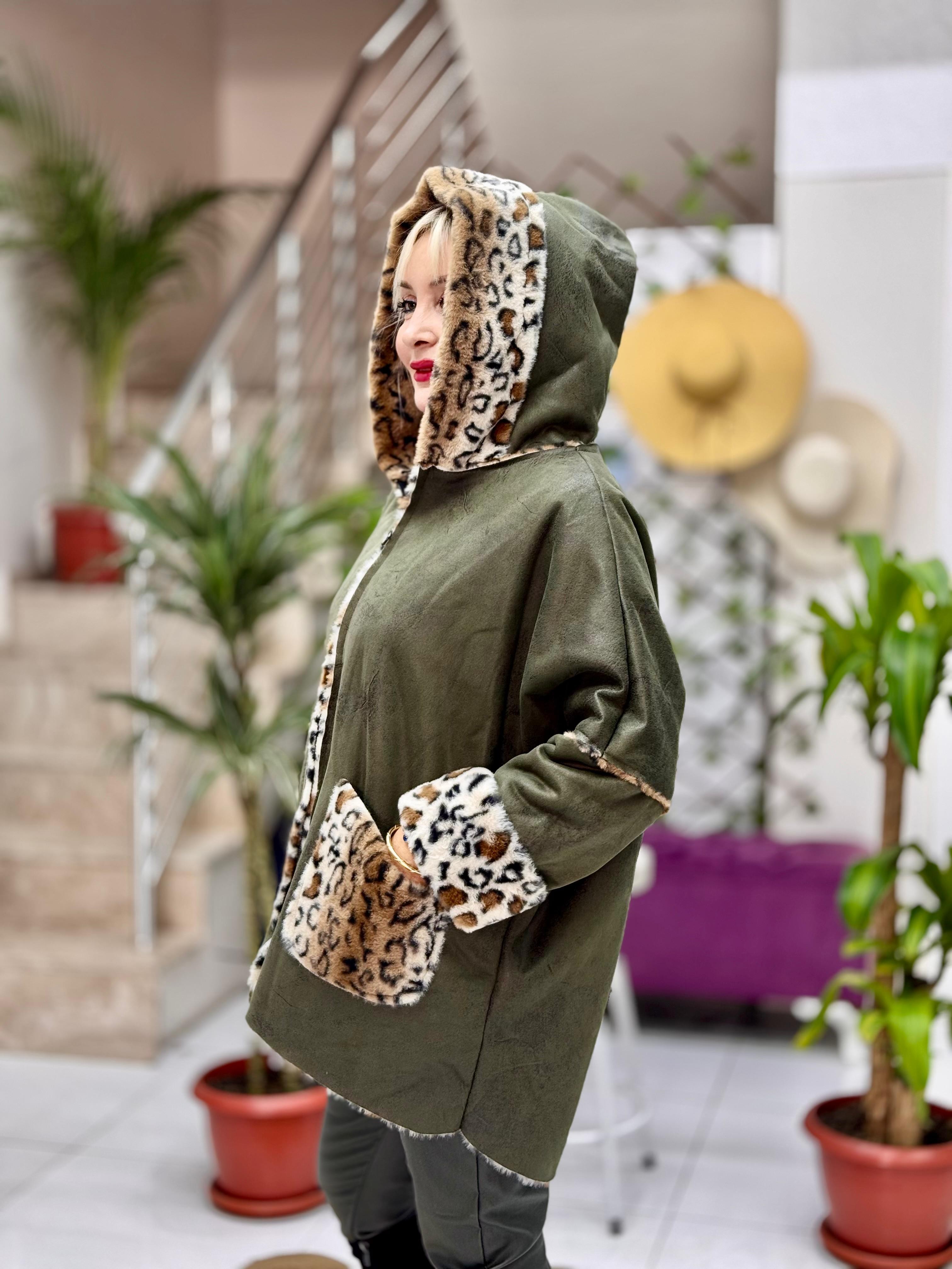 N13298 Leoparlı Fermuarlı Nubuk Kaban Haki