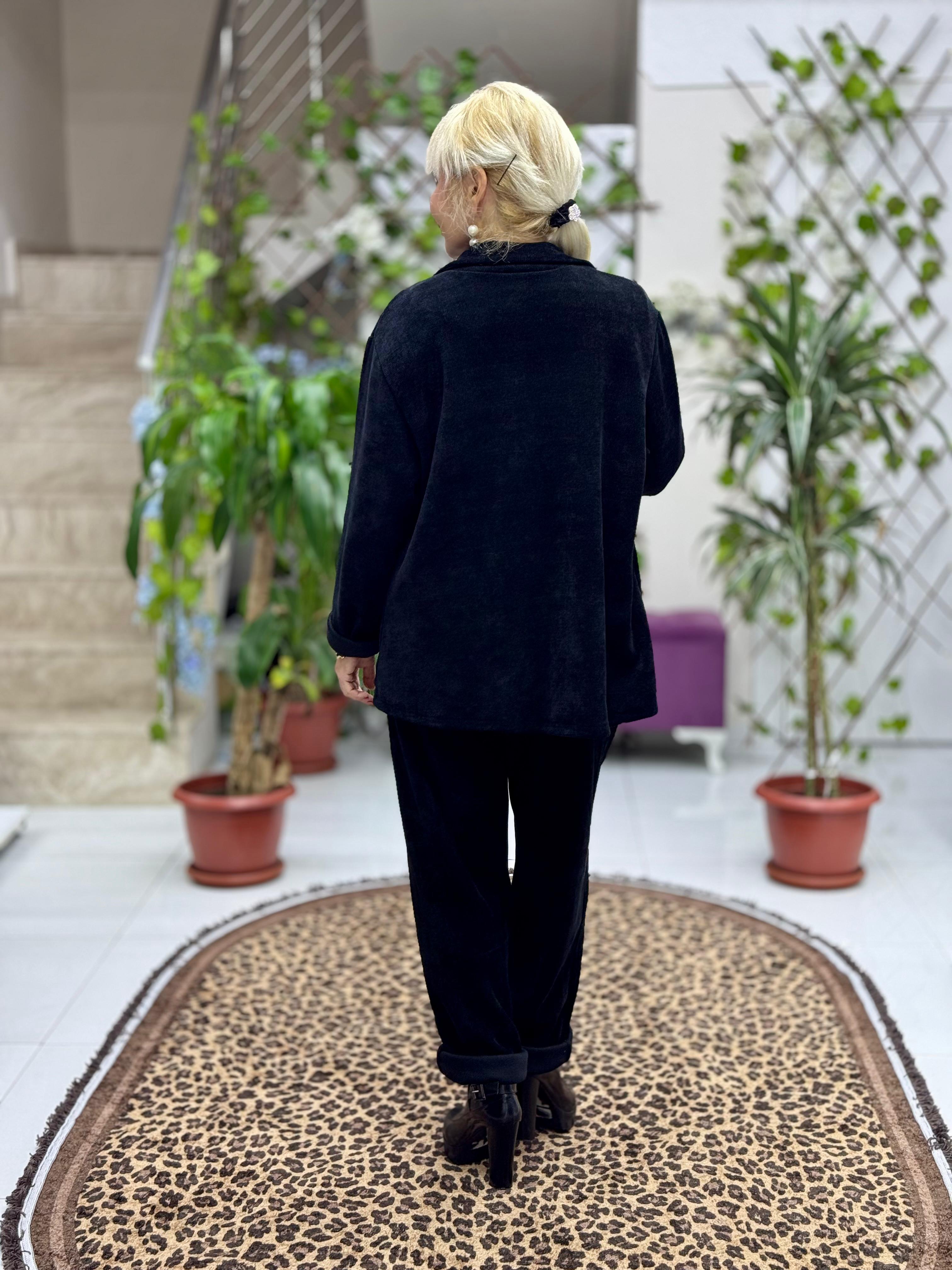 YG683089 Tek Düğme İtalyan Ceket Pantolon Kadife Takım Siyah