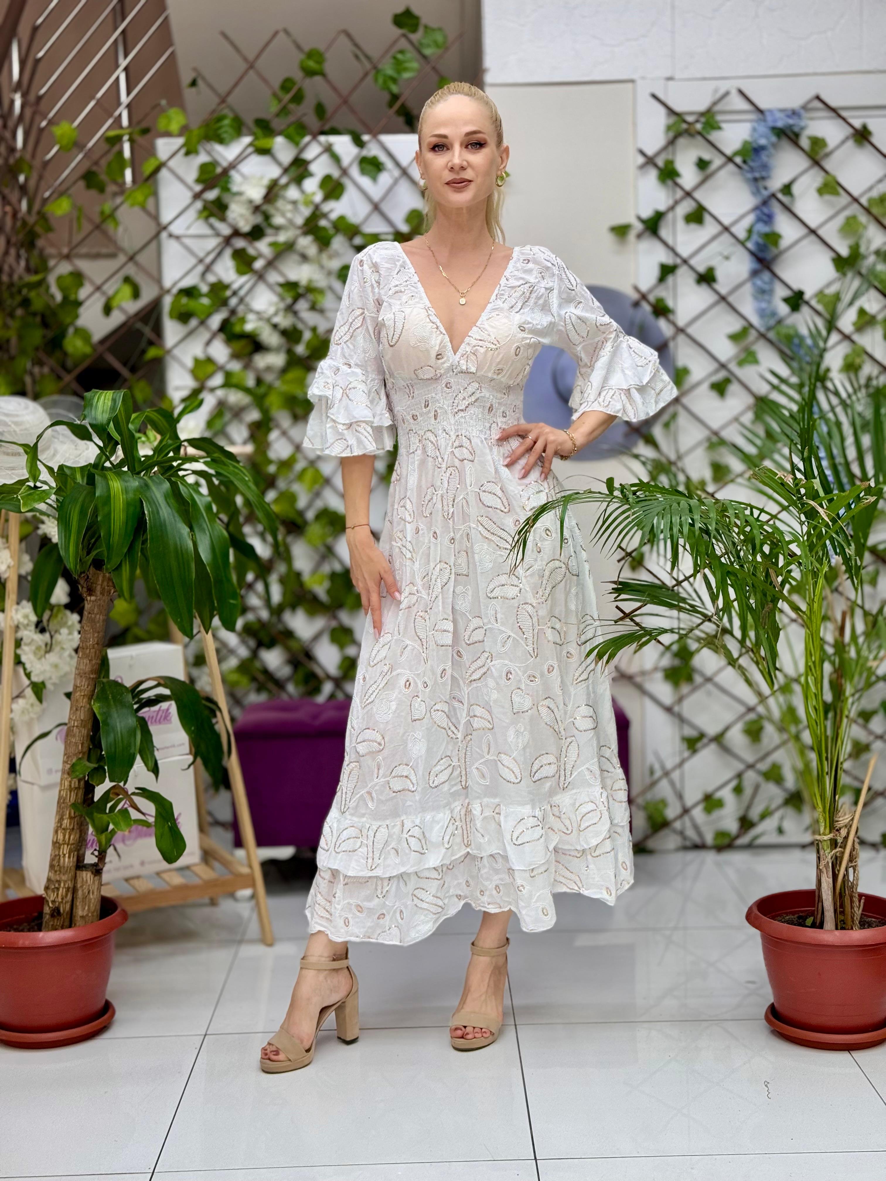 N12071 Vestido Italiano De Algodón Con Cordones Blanco