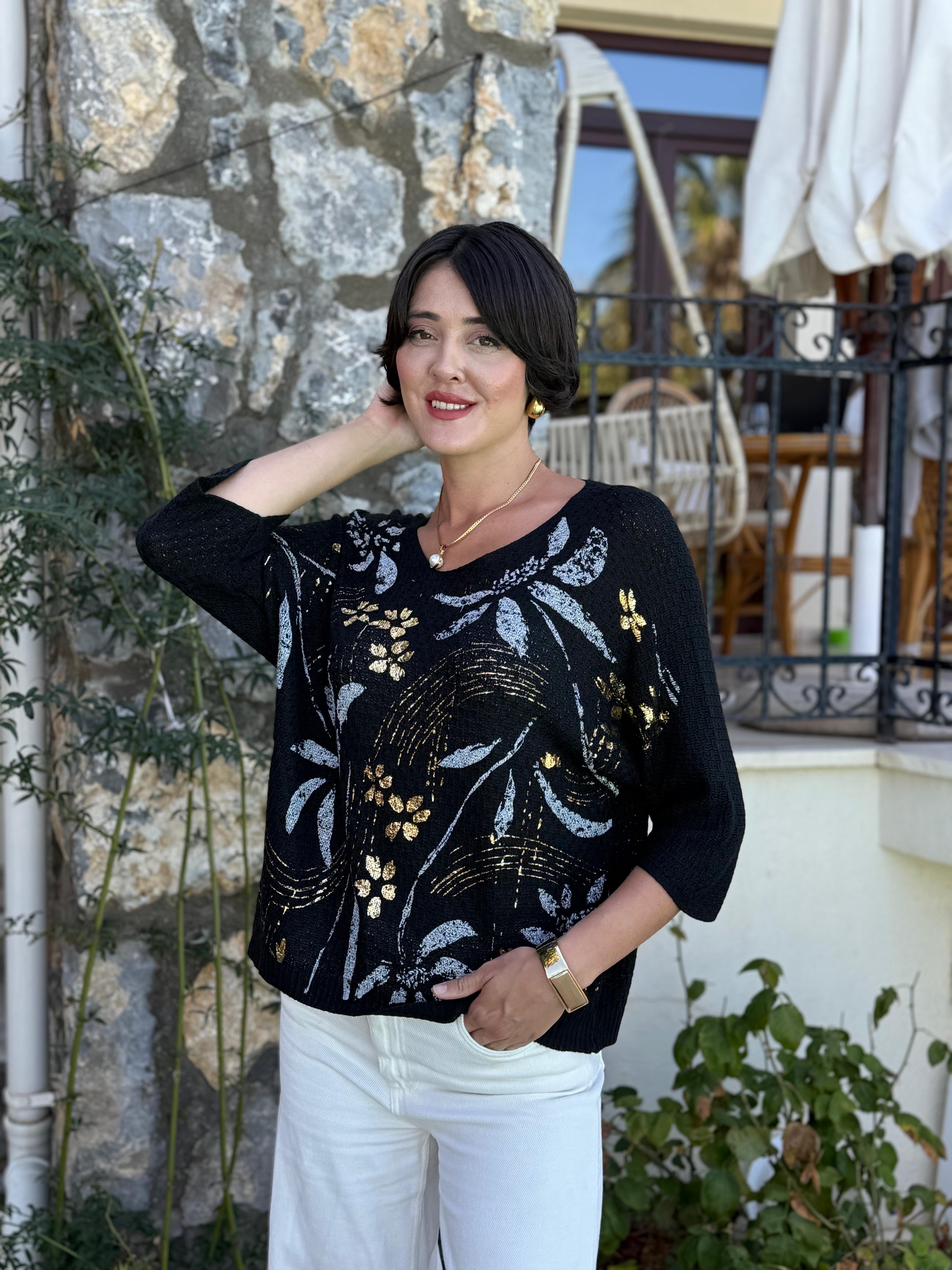 FXLS7514 İtalyan Yaprak Desen Triko Bluz Siyah