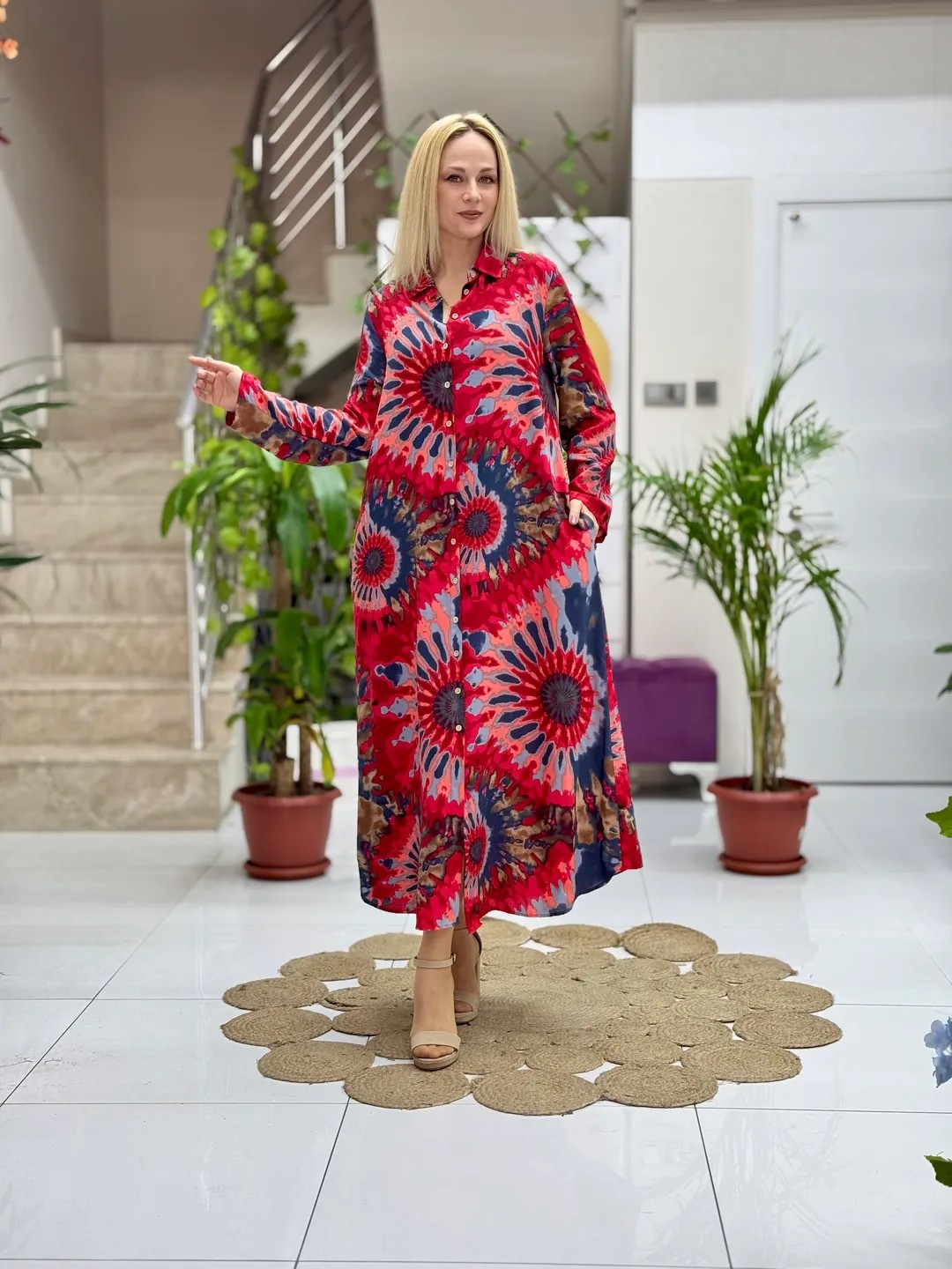 SLN31101 Pamuk Viskon Boydan Düğmeli Uzun Selin Elbise
