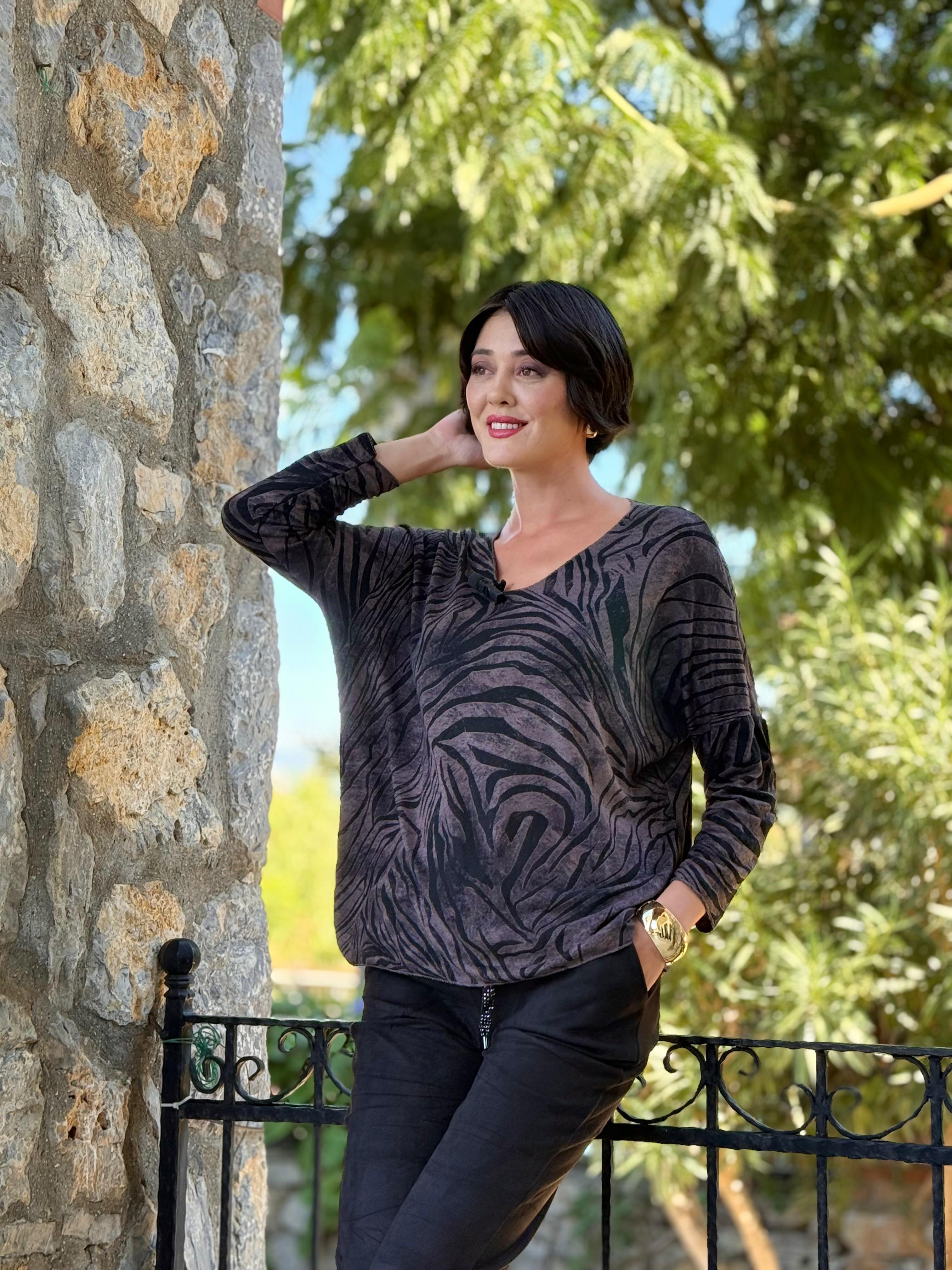 NC11285 İtalyan V Yaka Zebra Desenli Triko Bluz Kahve