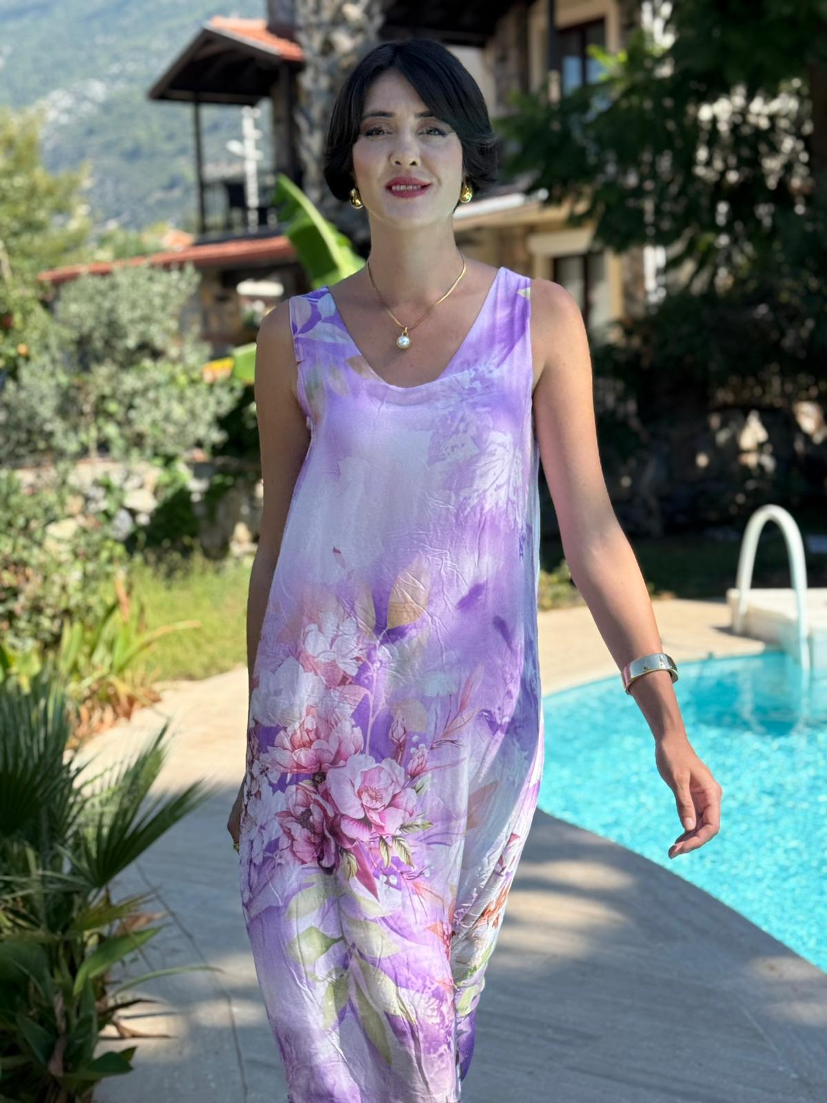 YG20641 İtalyan Çiçekli Askılı İpek Elbise Lila